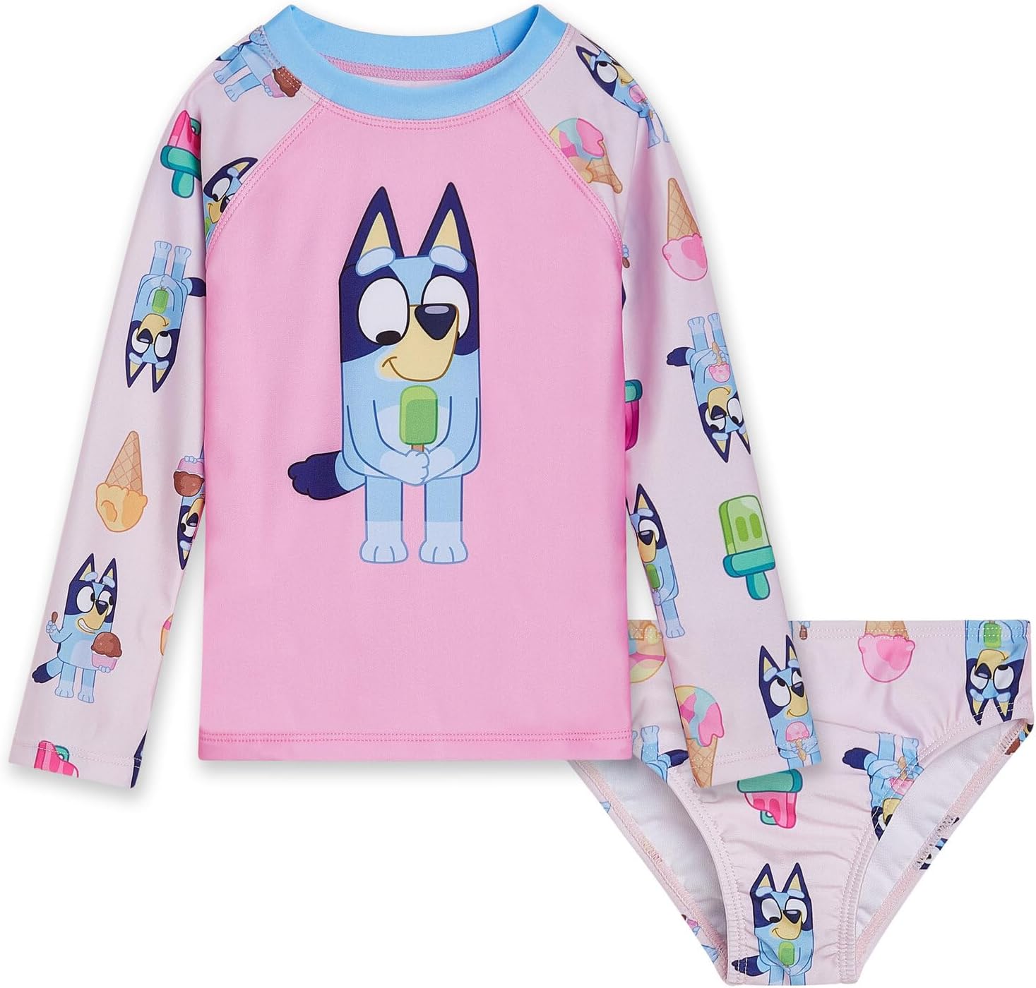 Bluey Girls Raglan Rash Guard and Bikini Bottom UPF 50+ Swim Set Toddler to Big Kid Sizes (2T - 10-12)