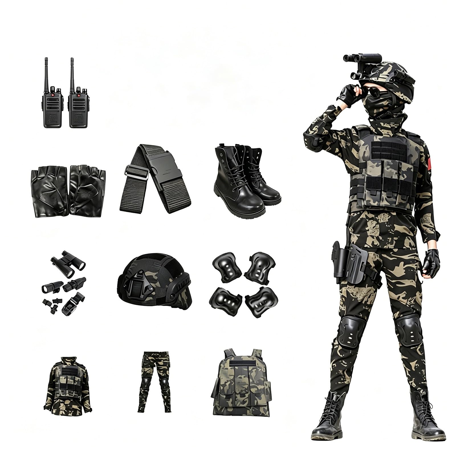 Kinder Militär Kostüm Set Soldat Armee Rollenspiel Outfit mit Zubehör, Halloween und Geburtstags Geschenk Verkleidungsset