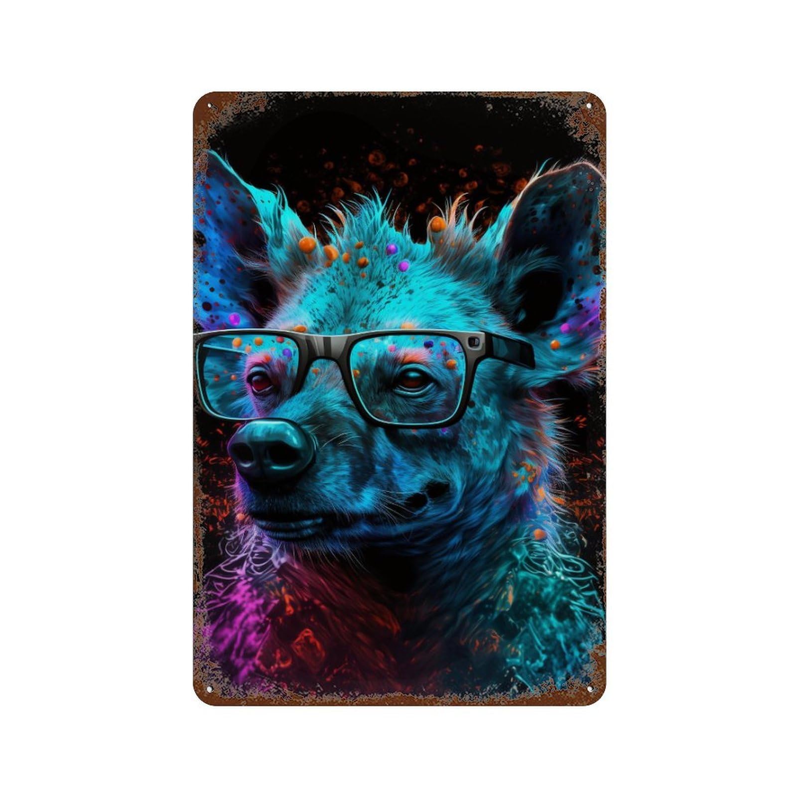 Rustic Tin Plaque Neon Hyena with Glasses 11.8"x7.9", Vintage Wall Decor for Pub, Kitchen And Man Cave Decor