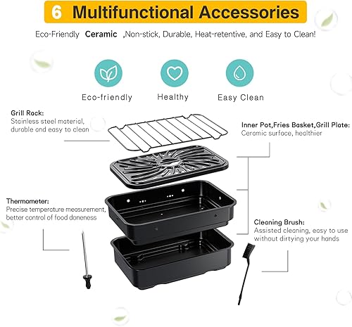 Miniatura 4 de Candy Parrilla interior y freidora de aire con accesorios de cerámica, 500 °F máximo, pantalla digital 7 en 1, 5.2 cuartos de galón de humo