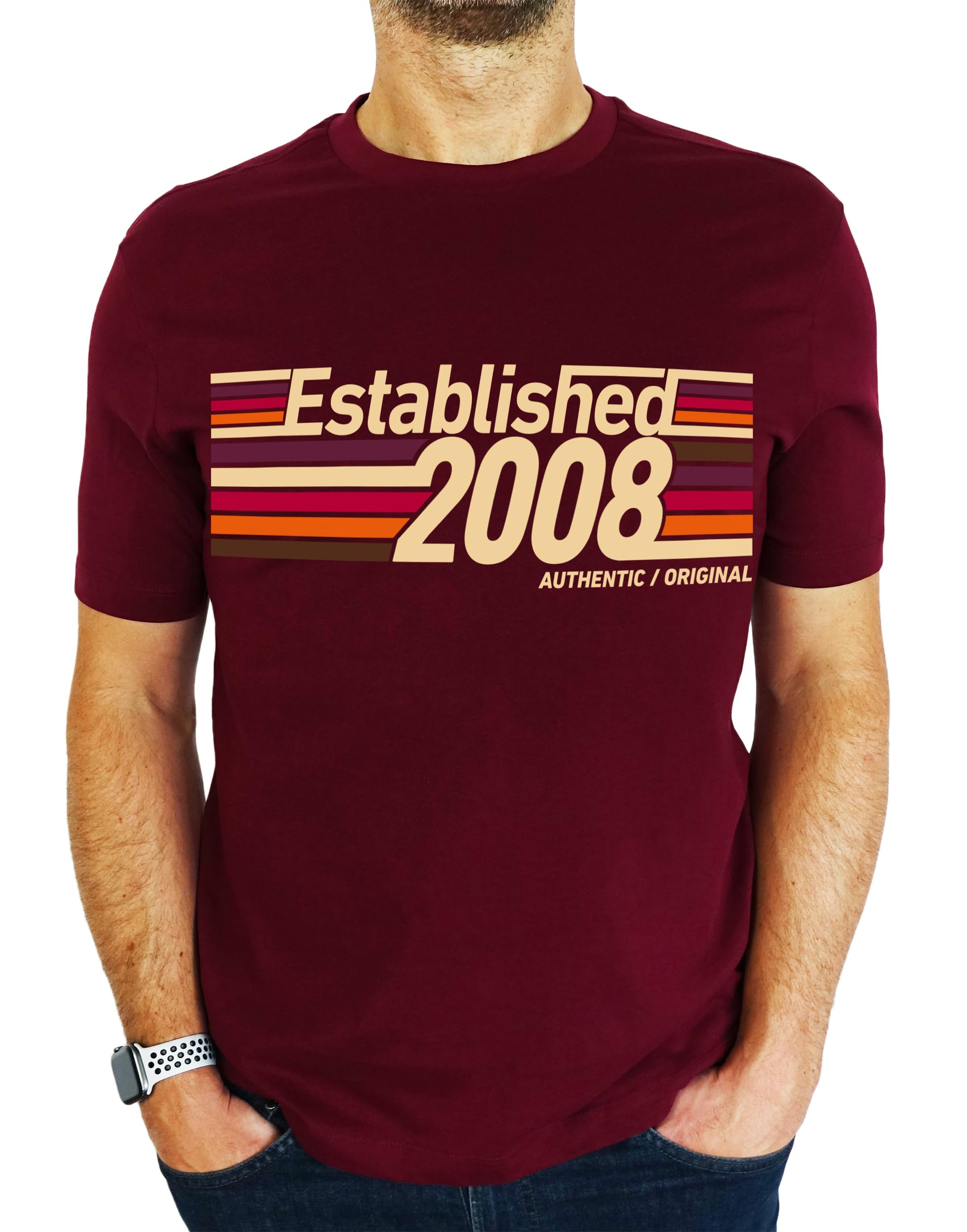 My Generation Gifts Men's Burgundy 2008 Established Retro Stripes - 18Th Birthday Gift | Present T-Shirt Xl