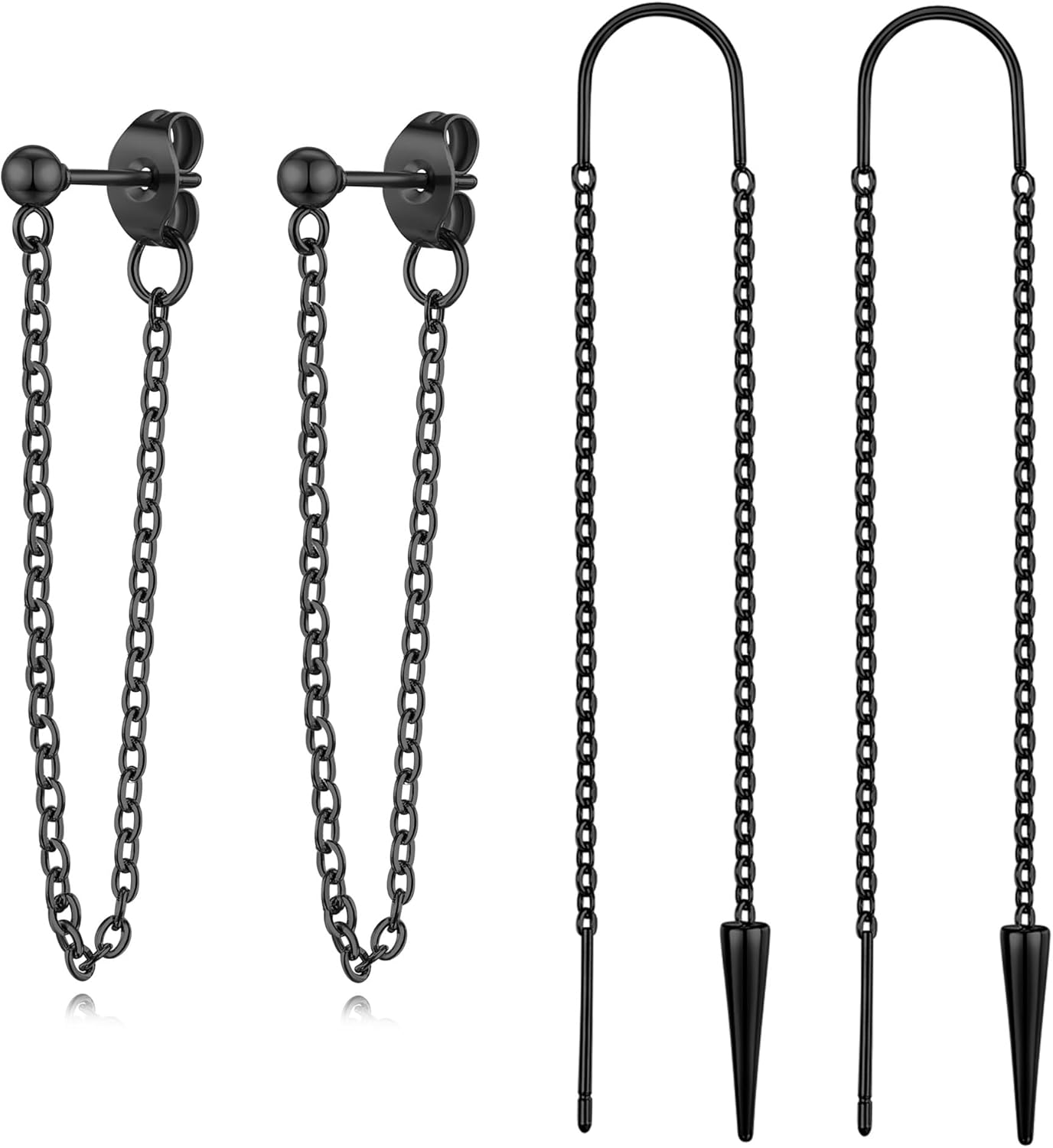 FLYUN 2Pairs Gold Black Silver Dangle Chain Duster Earrings For Women-Ball Irregular Bar Drop Dangle Stud Earrings-Long Threader Earring Dangly Tassel Earrings Stainless Steel Earrings Jewelry