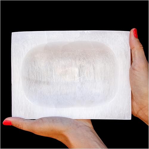 Om Zone Cuenco de selenita marroquí de 7 x 5 pulgadas, estación de carga de cristal de selenita pulido para limpieza y carga de cristales y