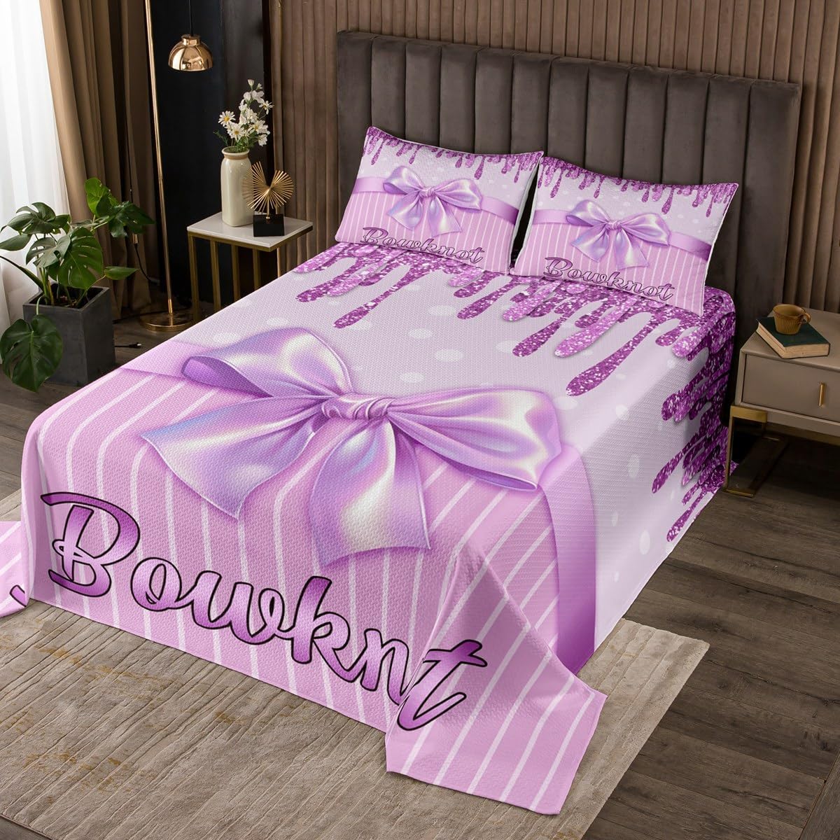 Erosebridal Princess Bowknots Bedspread Set Queen,Pearl Necklace Coverlet Set with Various Bow Design,Vintage Flower Floral Print Bed Set,Coquette Aesthetic Bedding Set for Girls Women