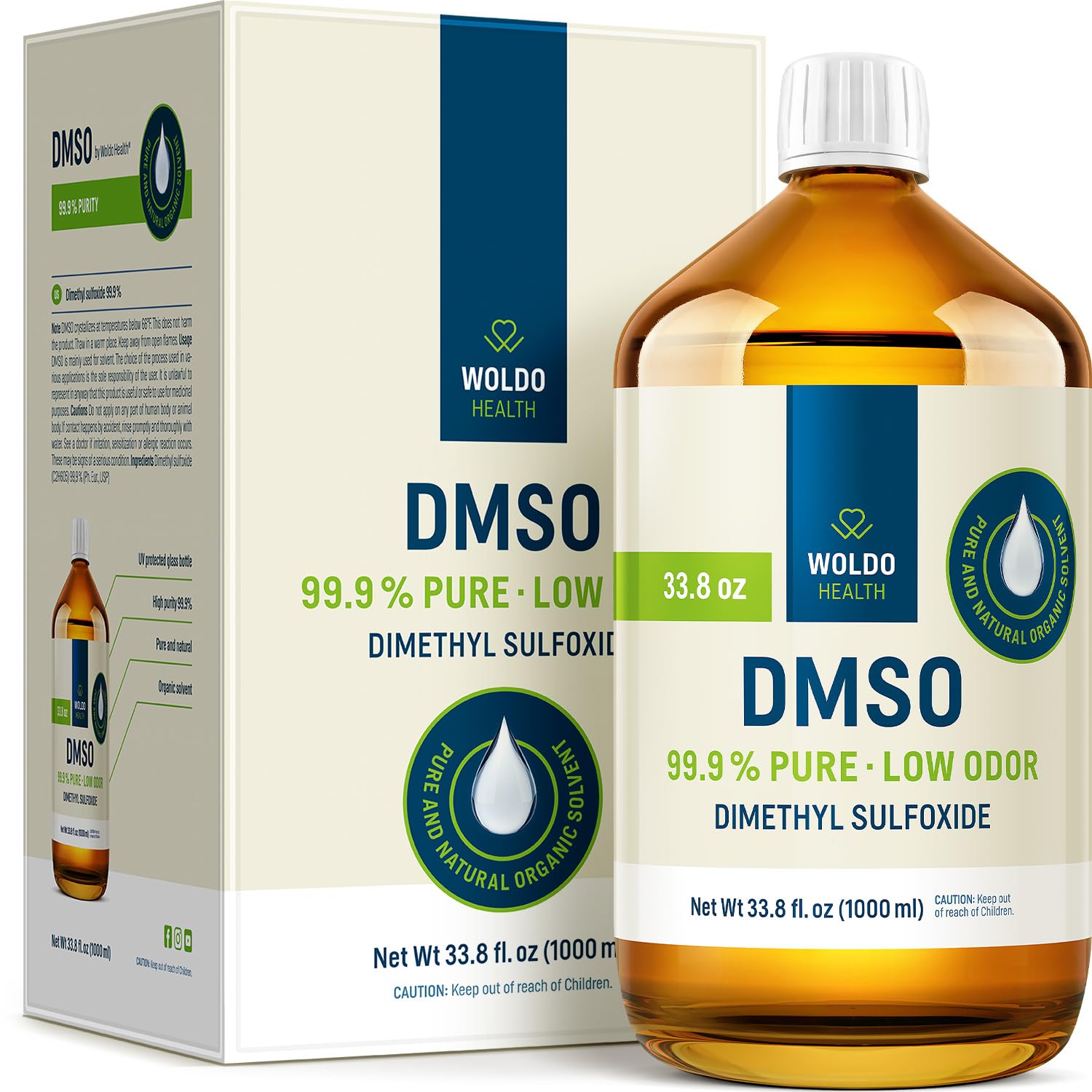 WoldoHealth DMSO 99.9% Pharmaceutical Grade - FT-IR Verified Dimethyl Sulfoxide, Low Odor Solvent in Glass Bottle 33.8 fl oz