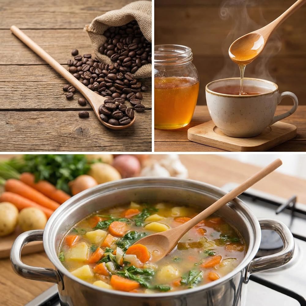 3PCS Wooden Spoons Long Handle Mixing Stirring Utensils 20cm Natural Solid Wood Oval Scoop for Adults Chefs Professionals for Cooking Baking Coffee Honey Jars for Home Kitchen Dining — view 5