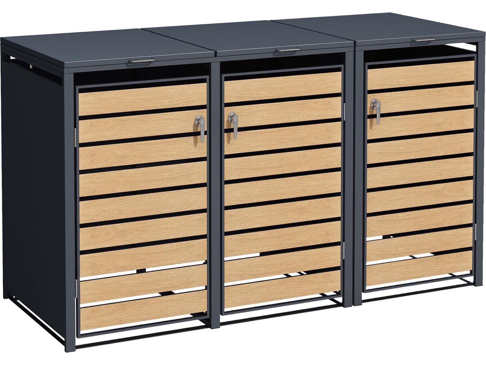 SCHARTEC® Mülltonnenbox 3er anthrazit mit Holz-Design erweiterbar 240l Mülltonnenverkleidung Mülltonnen Sichtschutz Unterstand