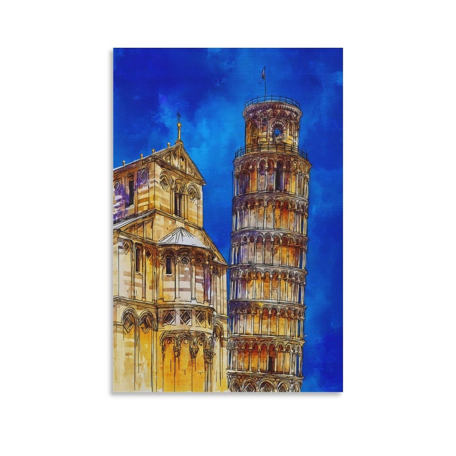 Cnaheiz Unframe-Style Pisa Italy Leaning Tower Of Pisa 20X30inch(50X75cm) Vintage Travel Poster Watercolor Canvas Art