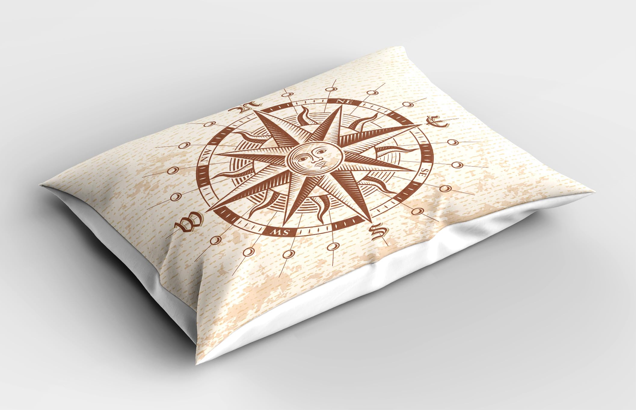 Ambesonne Compass Pillow Sham Set of 2, Old Compass Rose a Sun Face Lady on It Instrument Distances Between Points Graphic, Quality Microfiber Bedding Item for All Seasons, 26