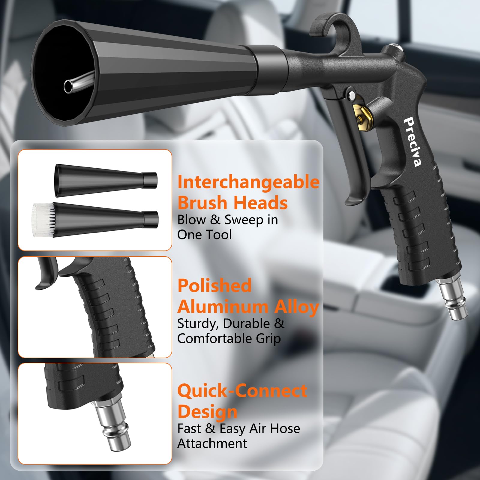 Preciva Tornano Dépoussiéreur à air dépoli haute pression pour intérieur de voiture – Pistolet de nettoyage pneumatique pour sièges