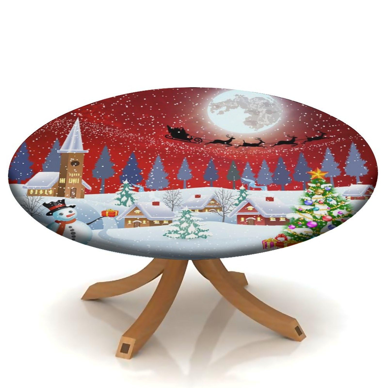 Round Fitted Tablecloths, Snow Scenery and Santa Deer Washable Elastic Edge Table Cloth, for Outdoor Picnic Camping and Indoor Kitchen Dining Party,