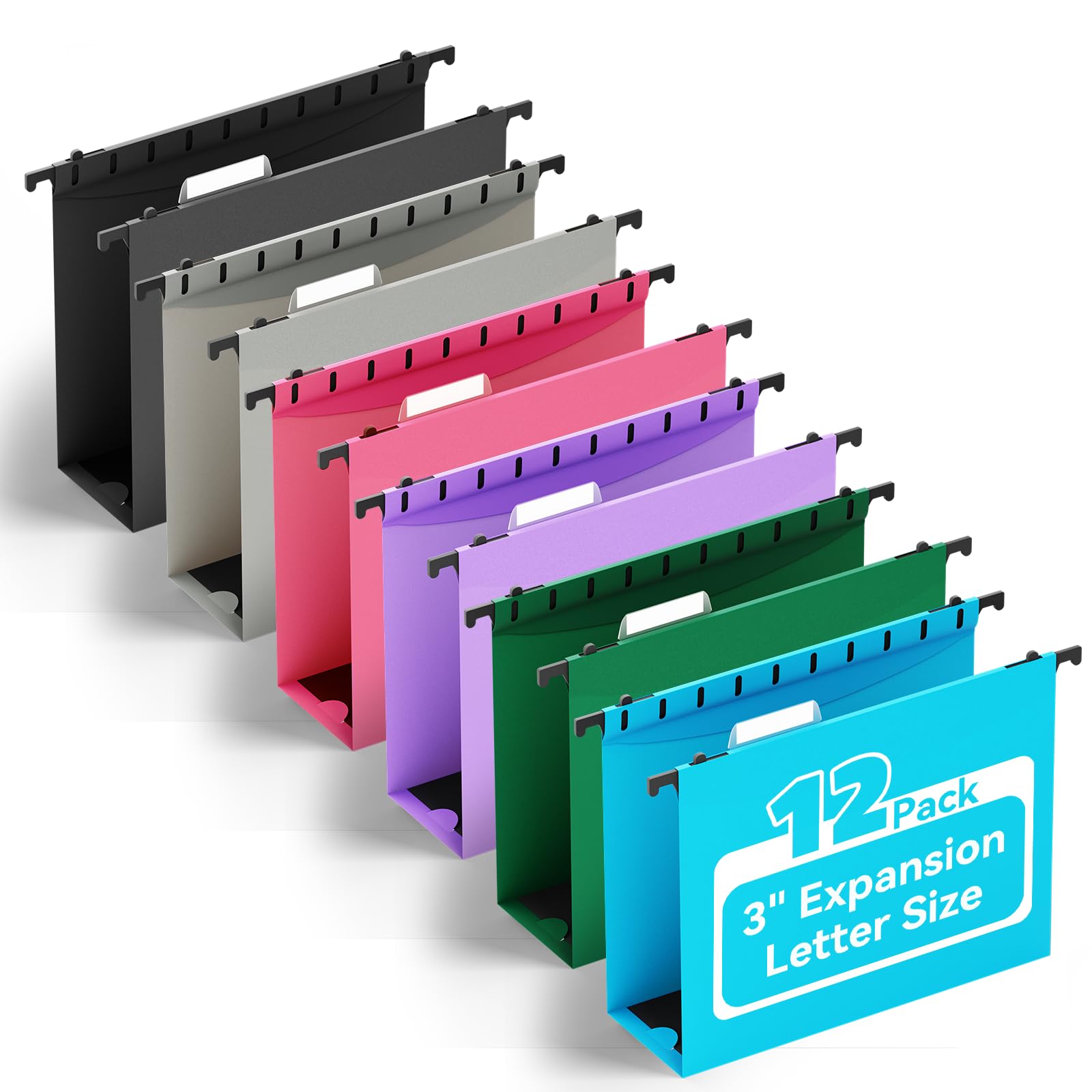 ANSOOK Plastic Hanging File Folders,3 inch Expanding File Folder,Heavy Duty 3 Inch Expansion,File Cabinet Folders with Insertable Tabs (Assorted Color, 3 in - Letter)