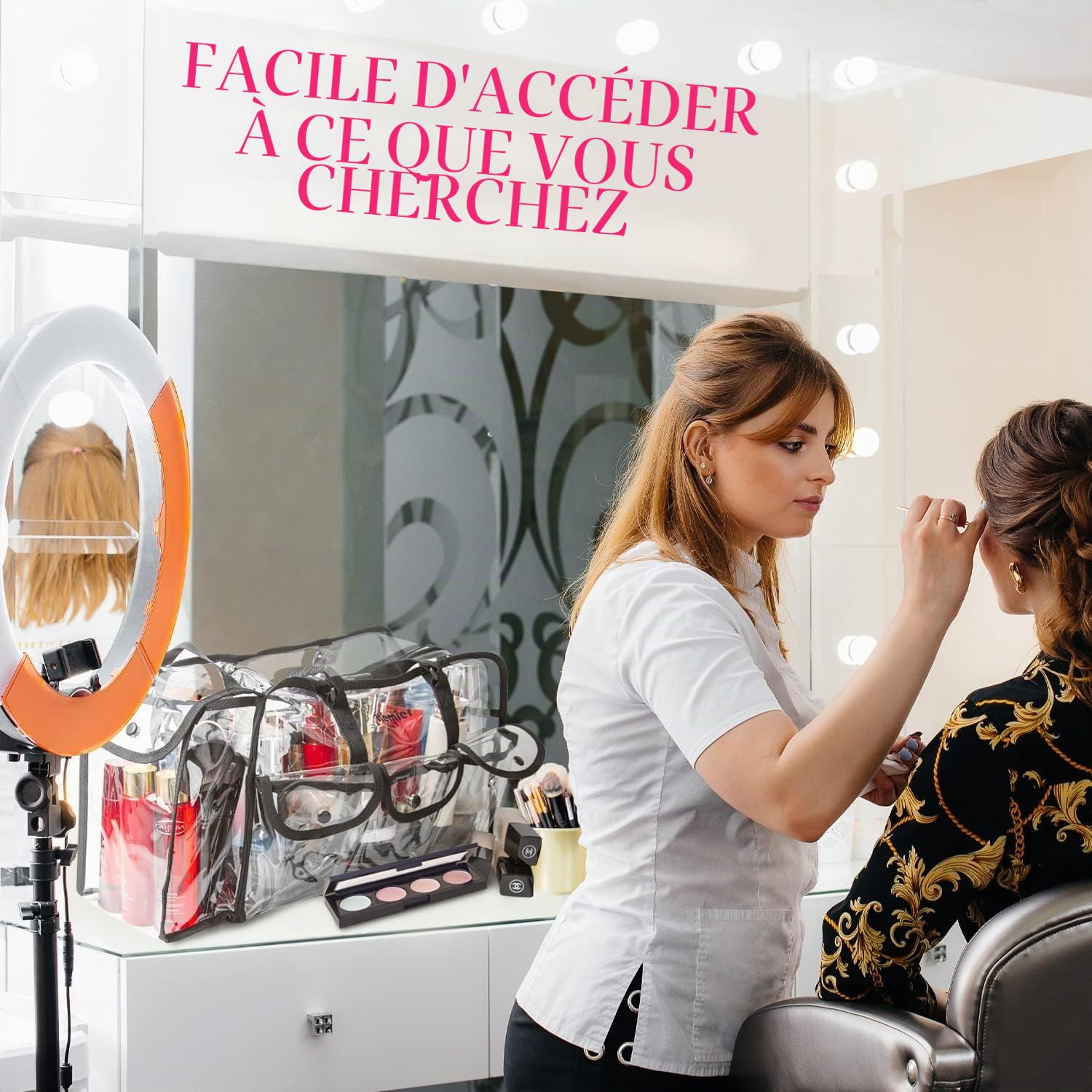 Sac Transparent de Trousse de Maquillage pour Voyage avec 6 Grandes Poches Extérieures étui de Rangement Cosmétique avec Bandoulière