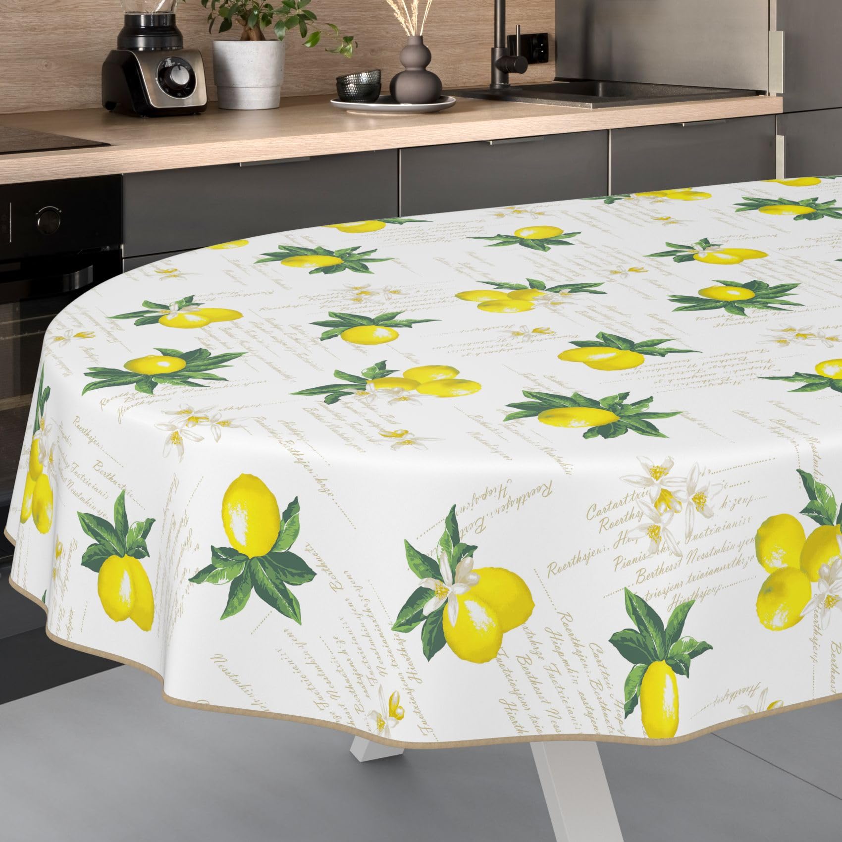 ANRO Nappe en toile cirée lavable, pour table de jardin, de forme ronde, ovale ou rectangulaire, ovale, 180 x 140 cm, avec ourlet (bordée), motif citrons