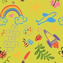 Yellow Crayon Doodle Wallpaper for Kids Room Cute Rainbow Rocket