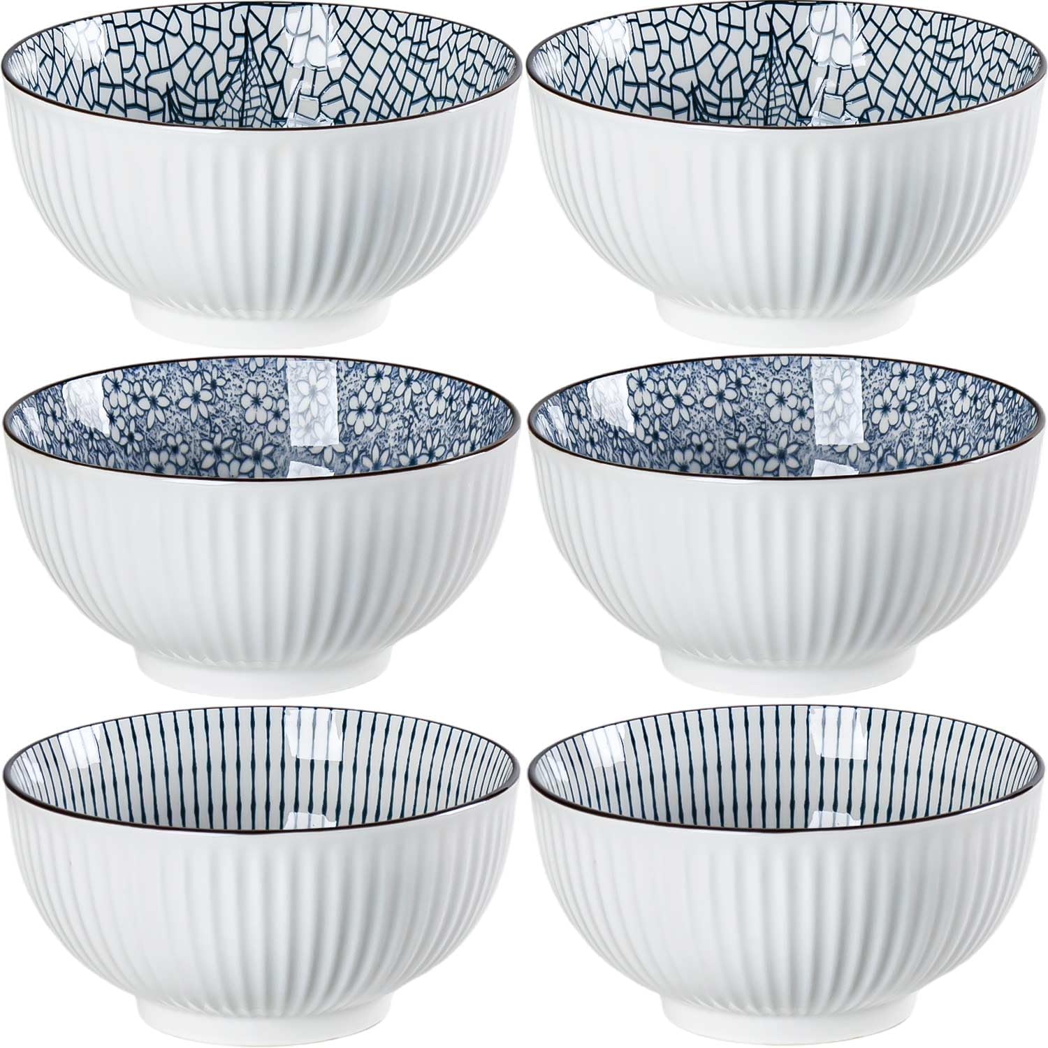 Houlu ceramic rice bowl 30 oz, Japanese bowl set, various tableware for grains, soups, desserts, snacks, fruits, Pack of 6