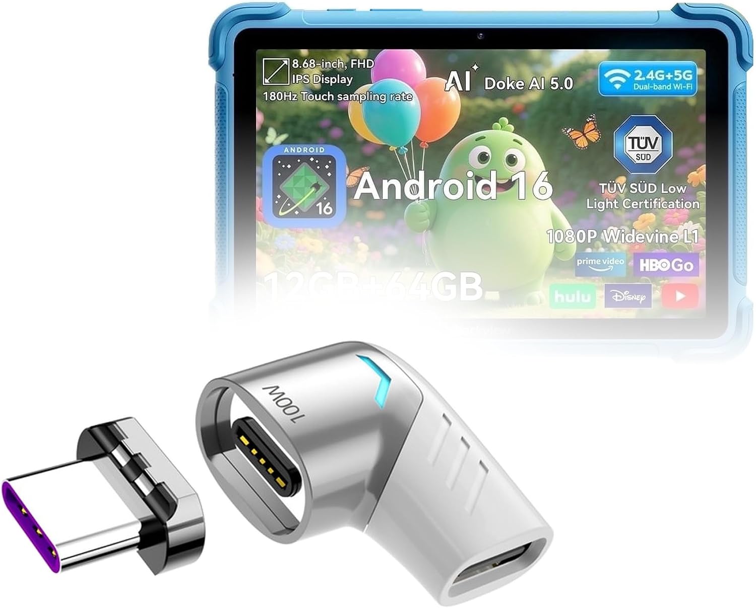 BoxWave Adapter Compatible with Doundy Android 15 Kids Tablet (10.1 in) - MagnetoSnap PD Angle Adapter, Magnetic Charging Connector Device Saver - Metallic Silver