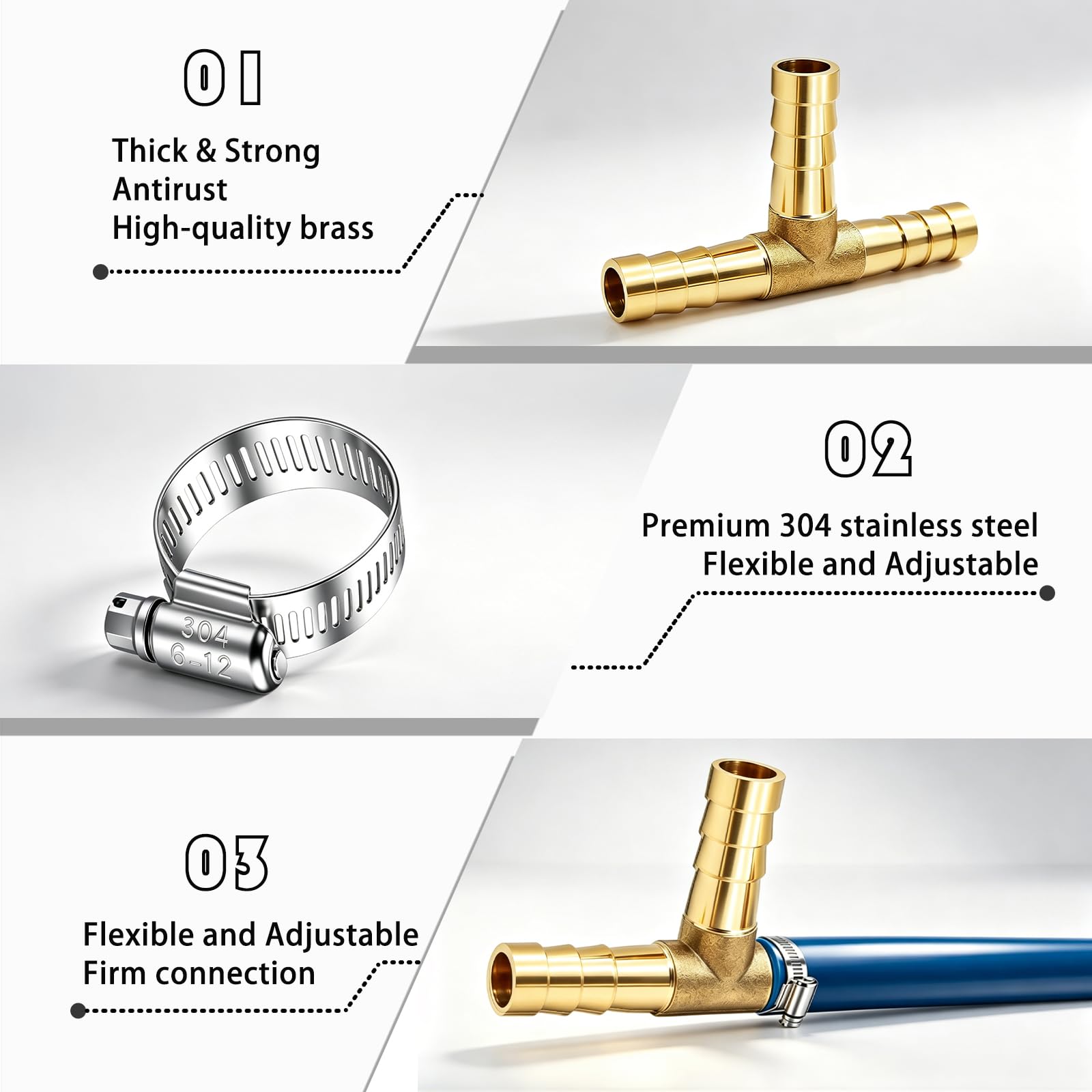 2pcs 5/16 "latón Tee Barb Fitts,3 vías Unión Intersección montaje T forma de púas Splitter montaje empalmador con abrazaderas de manguera para agua combustible aire H-058-5/16