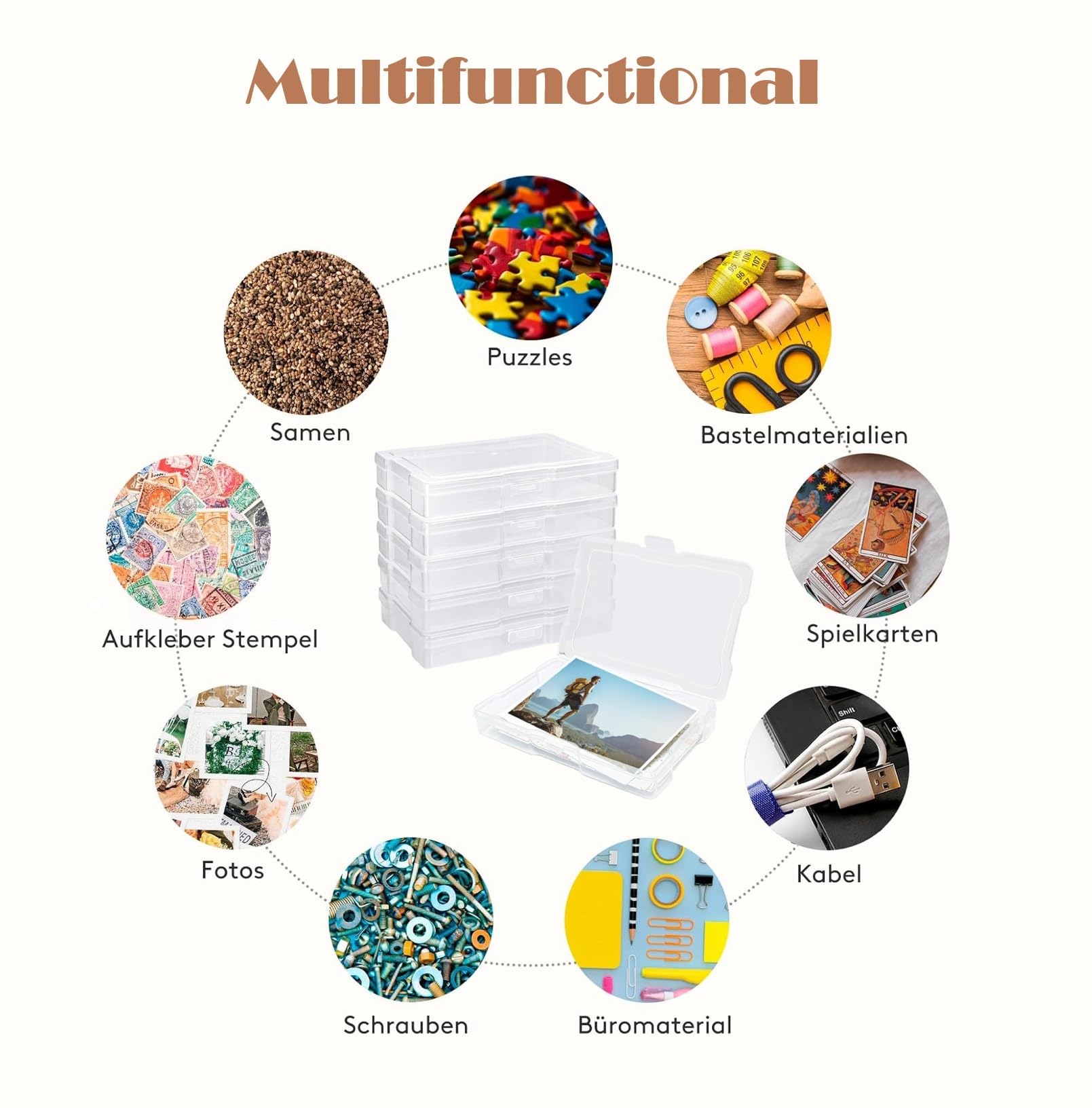 Scatola Porta Foto Box Plastica Con Coperchio, 21,5 X 18,5 X 14 Cm, Contiene 6 Piccole Scatole Trasparenti Con Coperchio, PP per Foto, Cartoline, Carta, Seme, Adesivo