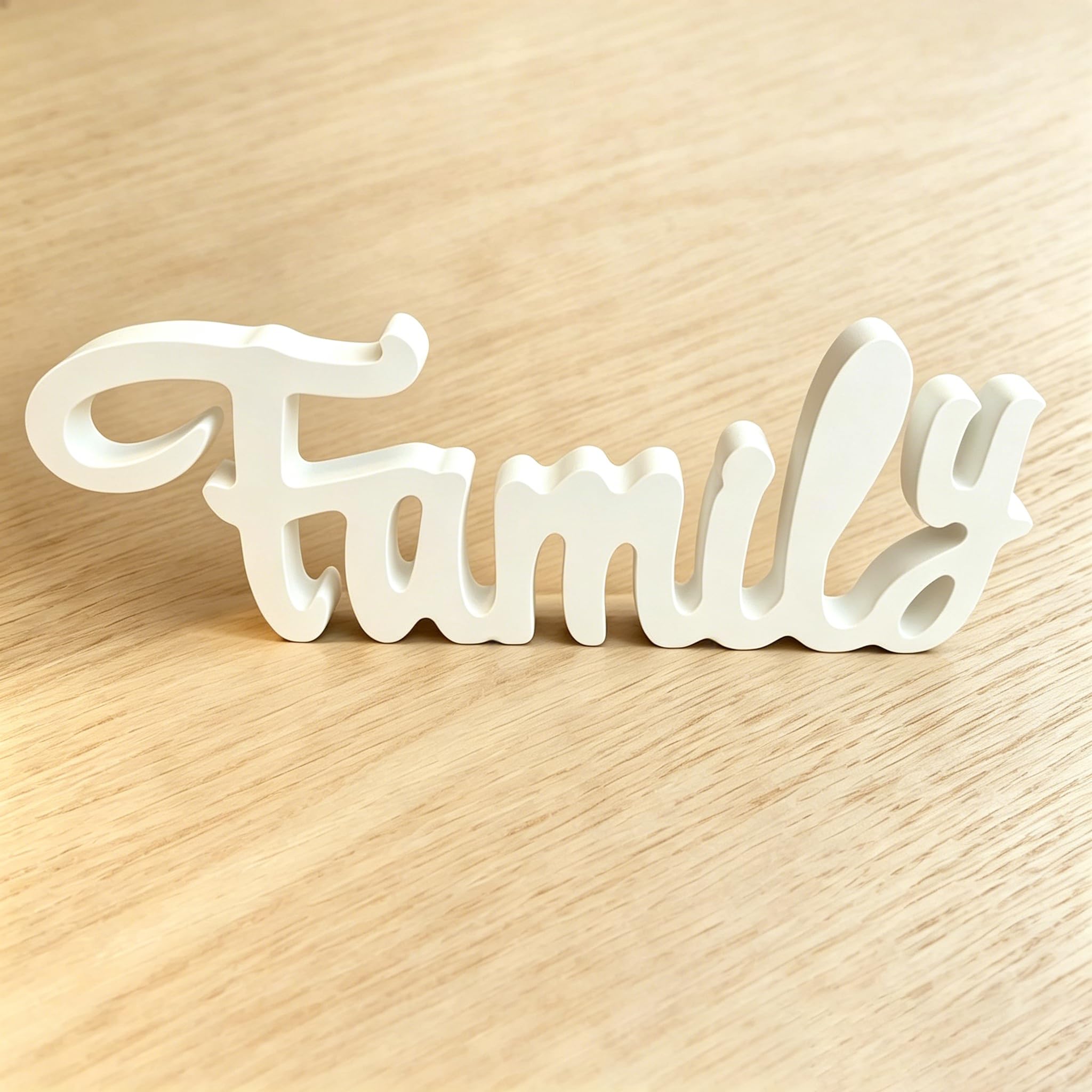 White Family Table Sign, Decorative Wooden Cutout Word Freestanding Family Tabletop Decor, Bedroom Shelf Mantel Fireplace Table Centerpiece Decor