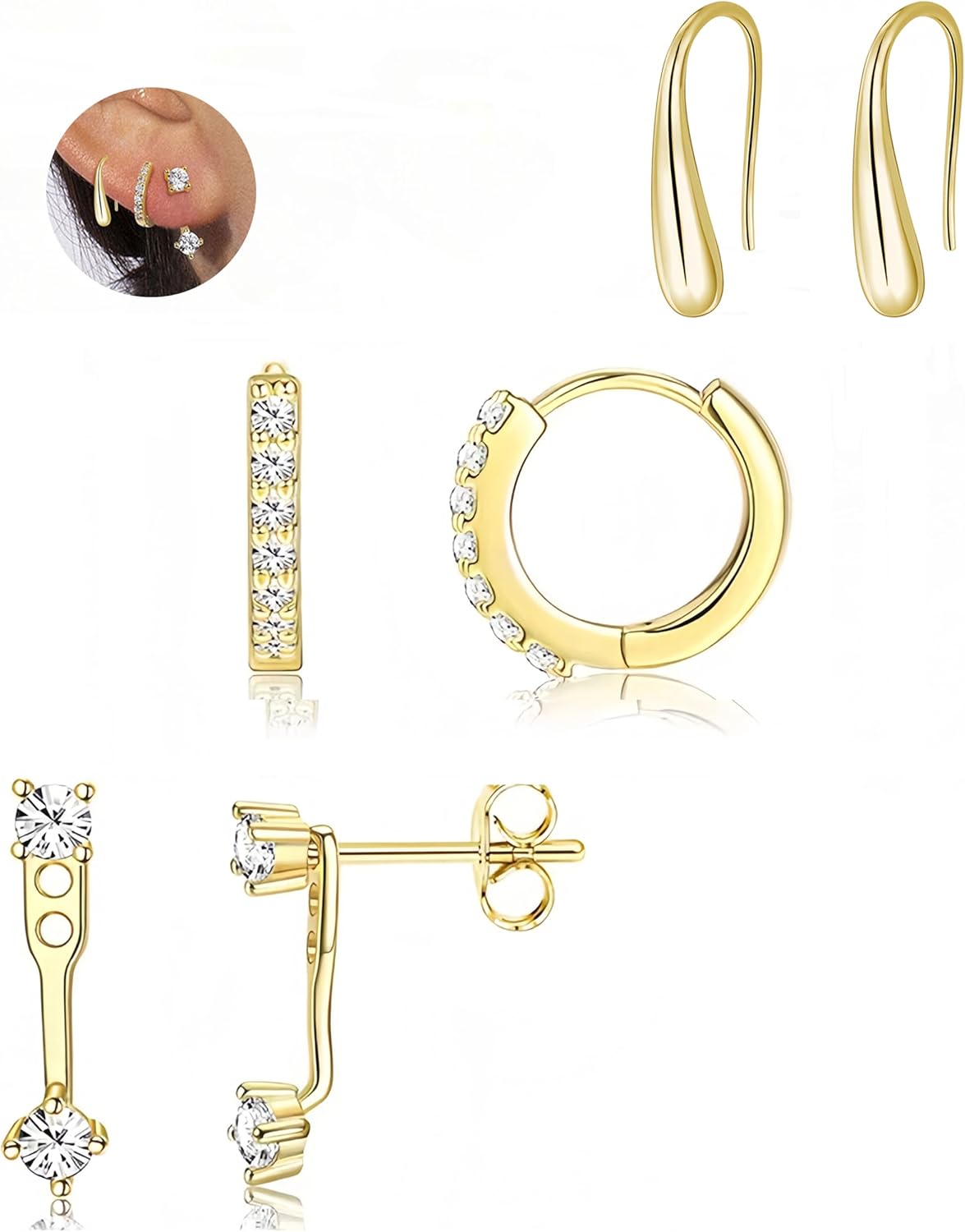 ZRU 3 Pairs Gold Stud Hoop Huggie Earrings Set for Women Men - Cartilage Studs, Small CZ Piercing, 18k Gold Plated - Dainty Trendy Gifts