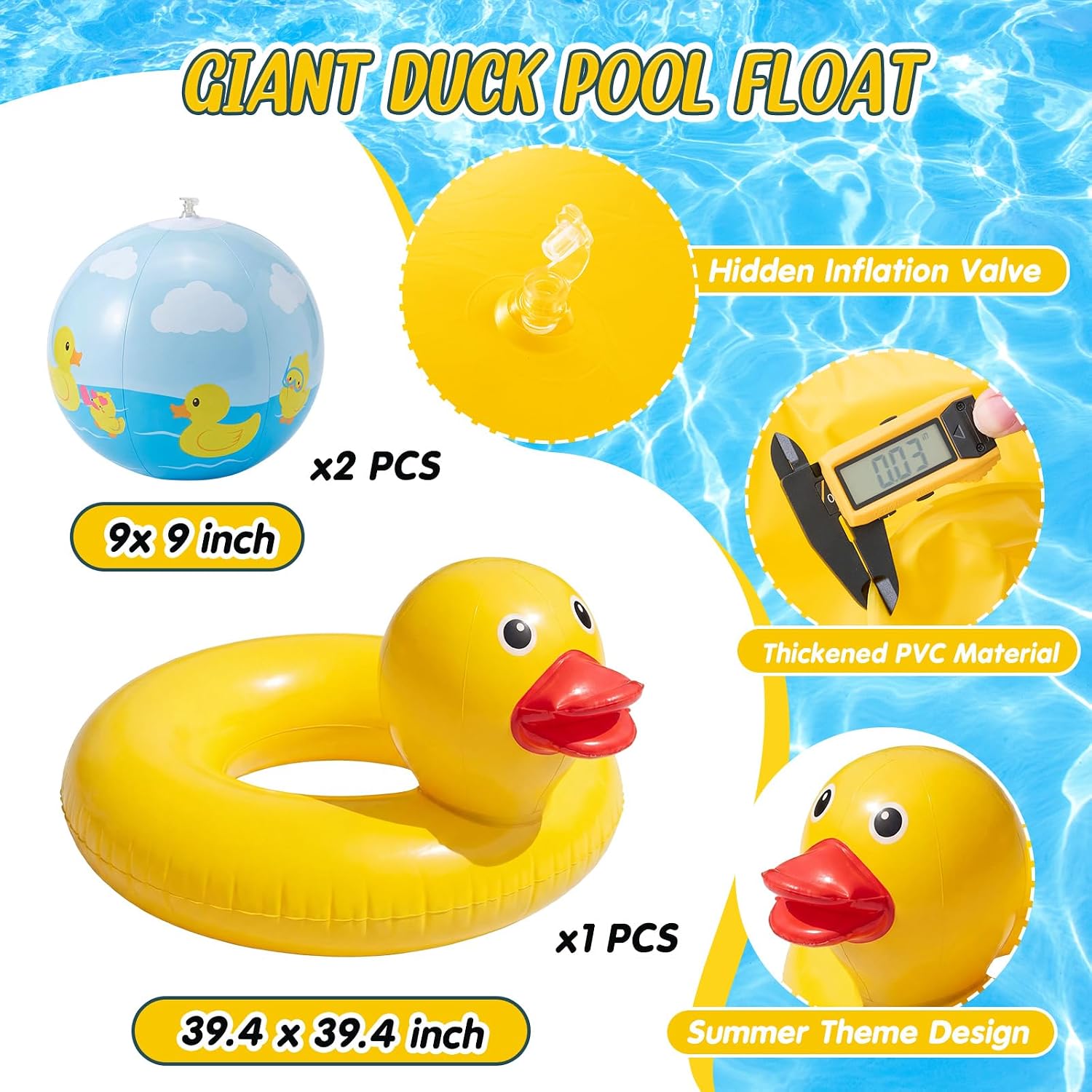 Hungdao 3 Pcs Inflatable Duck Pool Float Set, Include 40" Large Duck Swimming Ring, 2 Pcs Inflatable Beach Balls, Beach Floaties Funny Toys for Summer Pool Outdoor Party Decoration