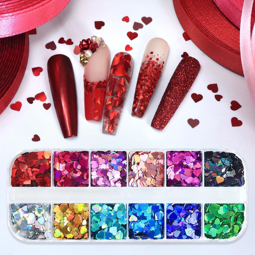 6 Grids White Pink Nail Art Sequins Mix Size Love Heart Round Nail Glitter Sequin 3D Laser Holographic Romantic Nail Glitter Flakes Nail Art Stickers Decals for Women Manicure DIY Nail