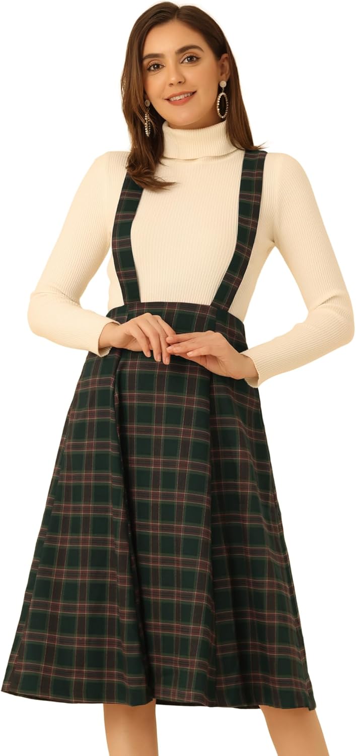 Allegra K Women's Plaid Suspender Skirts Vintage Tartan High Waist A-Line Midi Overall Skirt