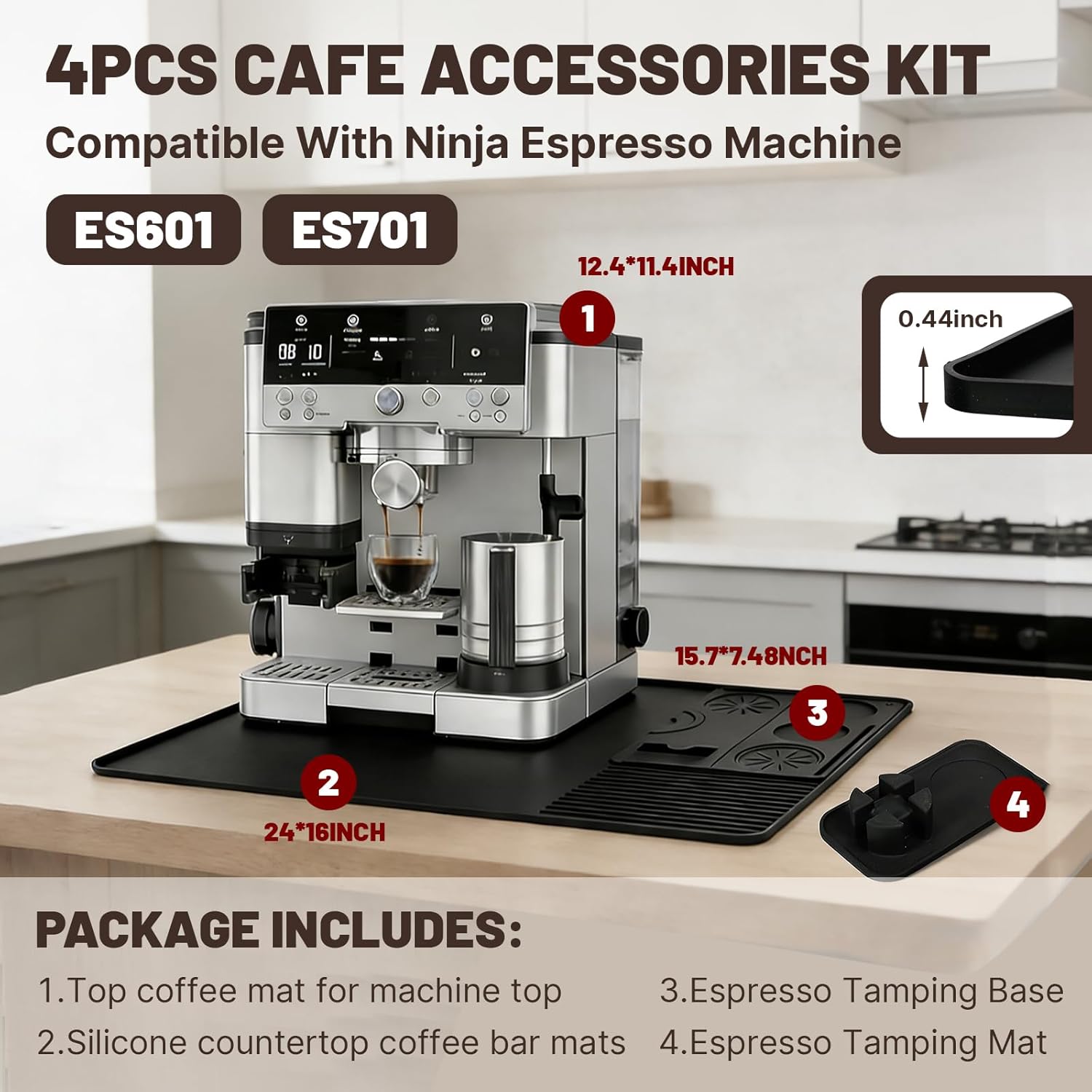 4-in-1 Coffee Maker Mat for Ninja Luxe Cafe Machine ES601 & ES701, Silicone Top Mat + Coffee Bar Mat + Espresso Tamping Mat + Tamping Base -Waterproof Bar Accessories