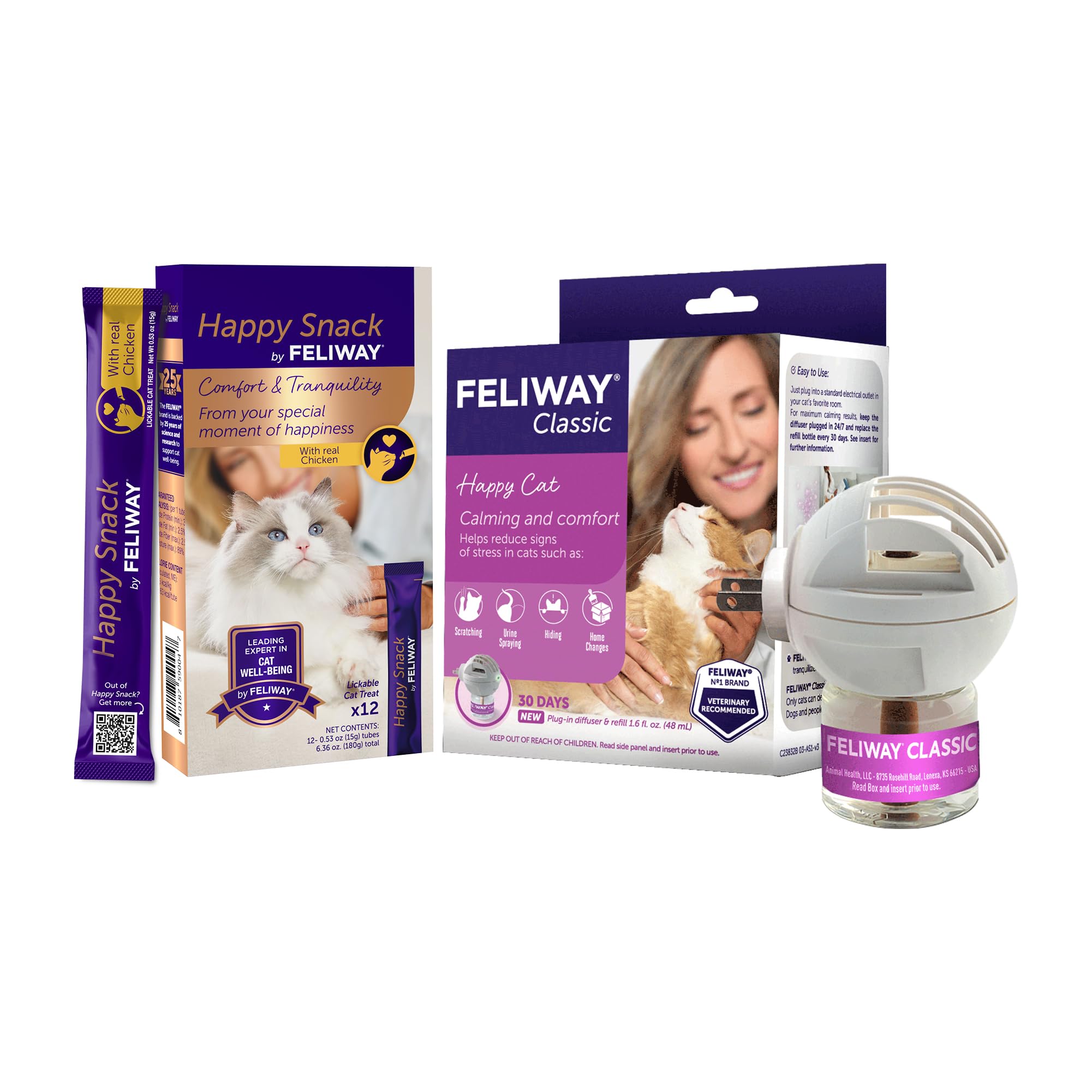 FELIWAY Classic 30 Day Cat Calming Pheromone Diffuser Kit & Happy Snack Delicious Calming cat Treats (12-ct Chicken Flavor)