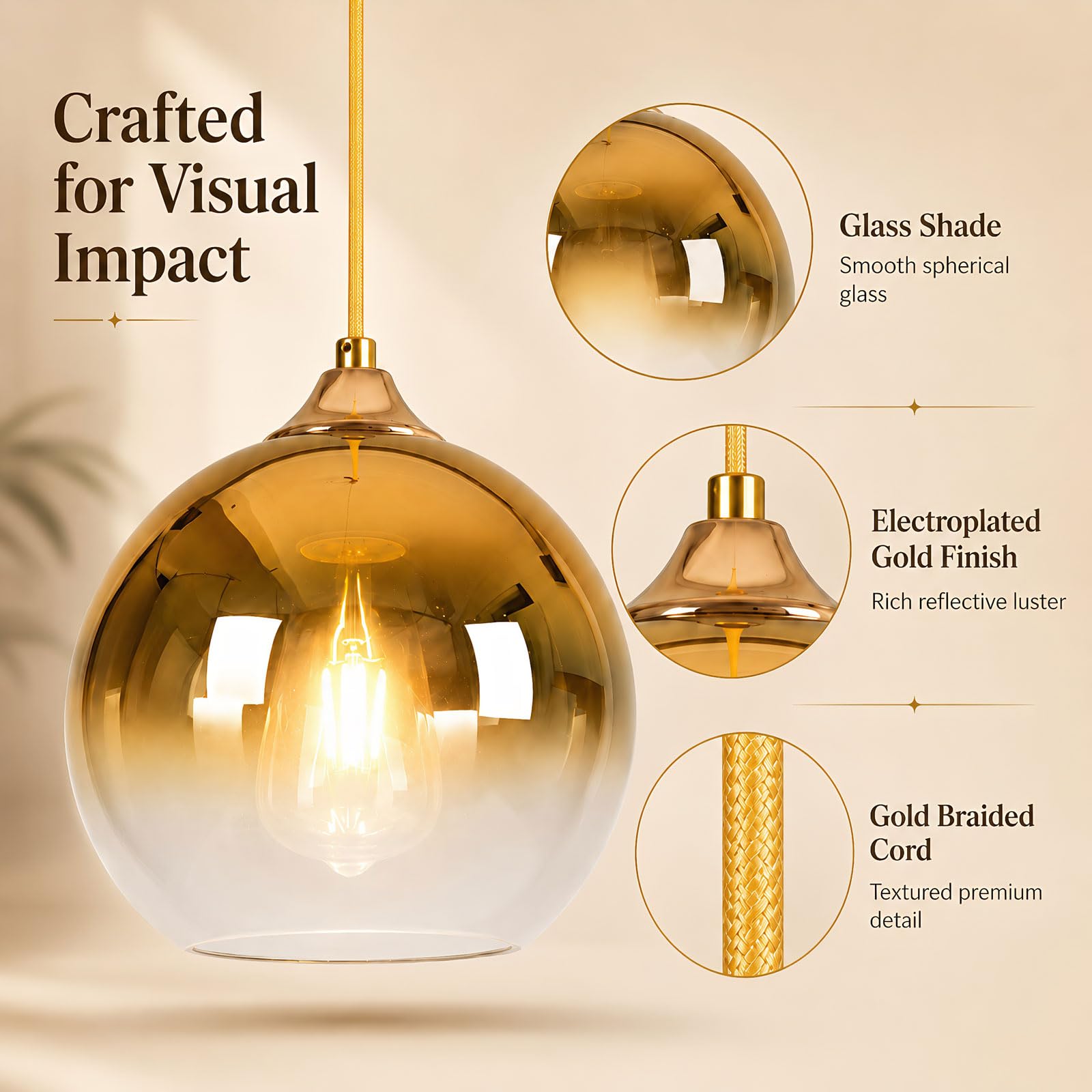 Lampada a Sospensione in Vetro Vintage Globo in Vetro Sfumato E27 Cavo Intrecciato Regolabile 150cm Lampadario a Sospensione per Isola Cucina Sala da Pranzo Camera Caffè (Dorato, 25cm)