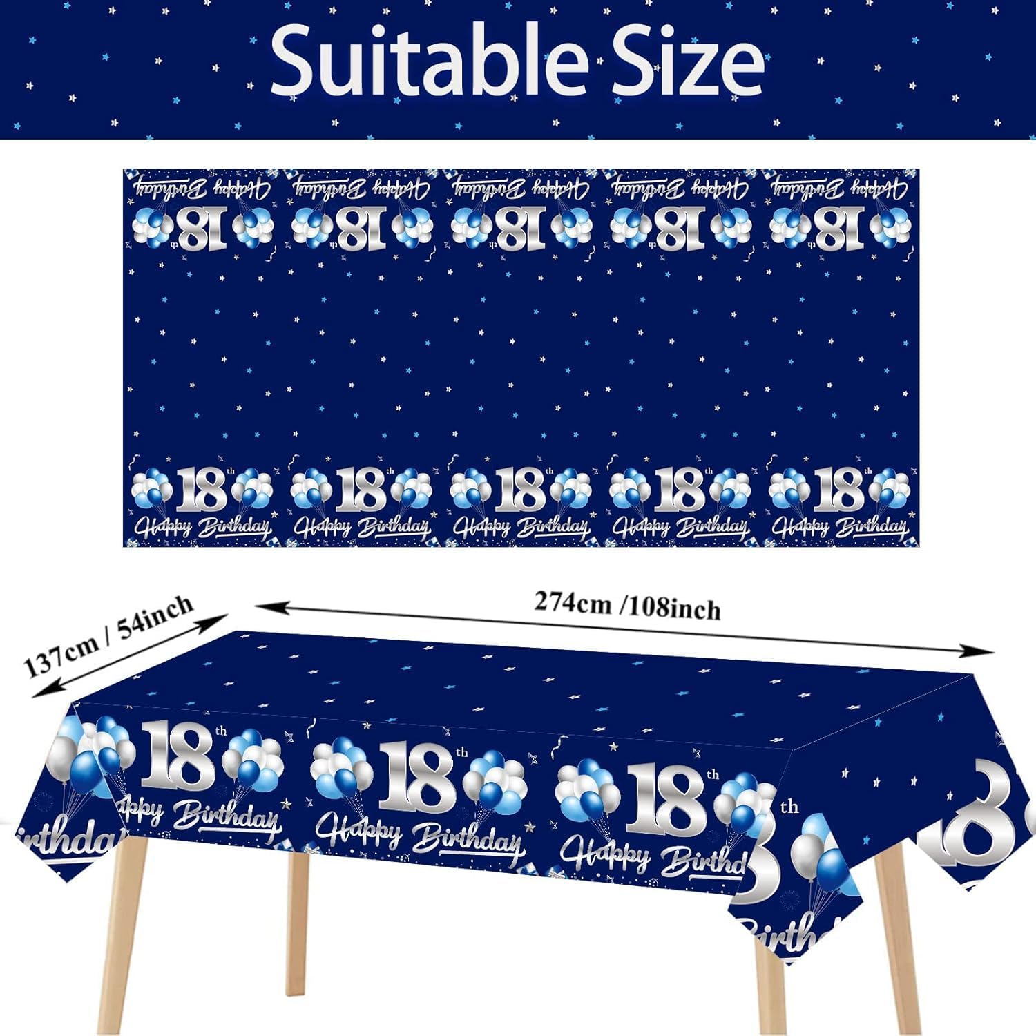 Blue Silver 18th Birthday Door Banner Tablecloth Decorations, Happy 18 Birthday Party Porch Banner for Boys, Sweet 18 Year Old Birthday Party Supplies