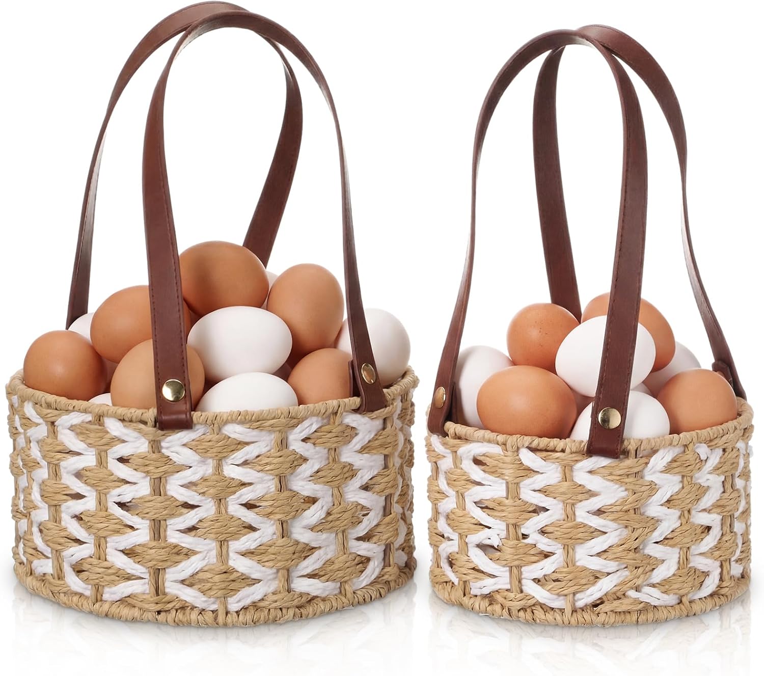 2 Size Egg Collecting Baskets with Handle for Collecting Chicken Fresh Eggs Farmhouse Wicker Basket Vintage Countertop Fruit Holder Detachable Faux Leather Handle for Storage Harvest Kitchen