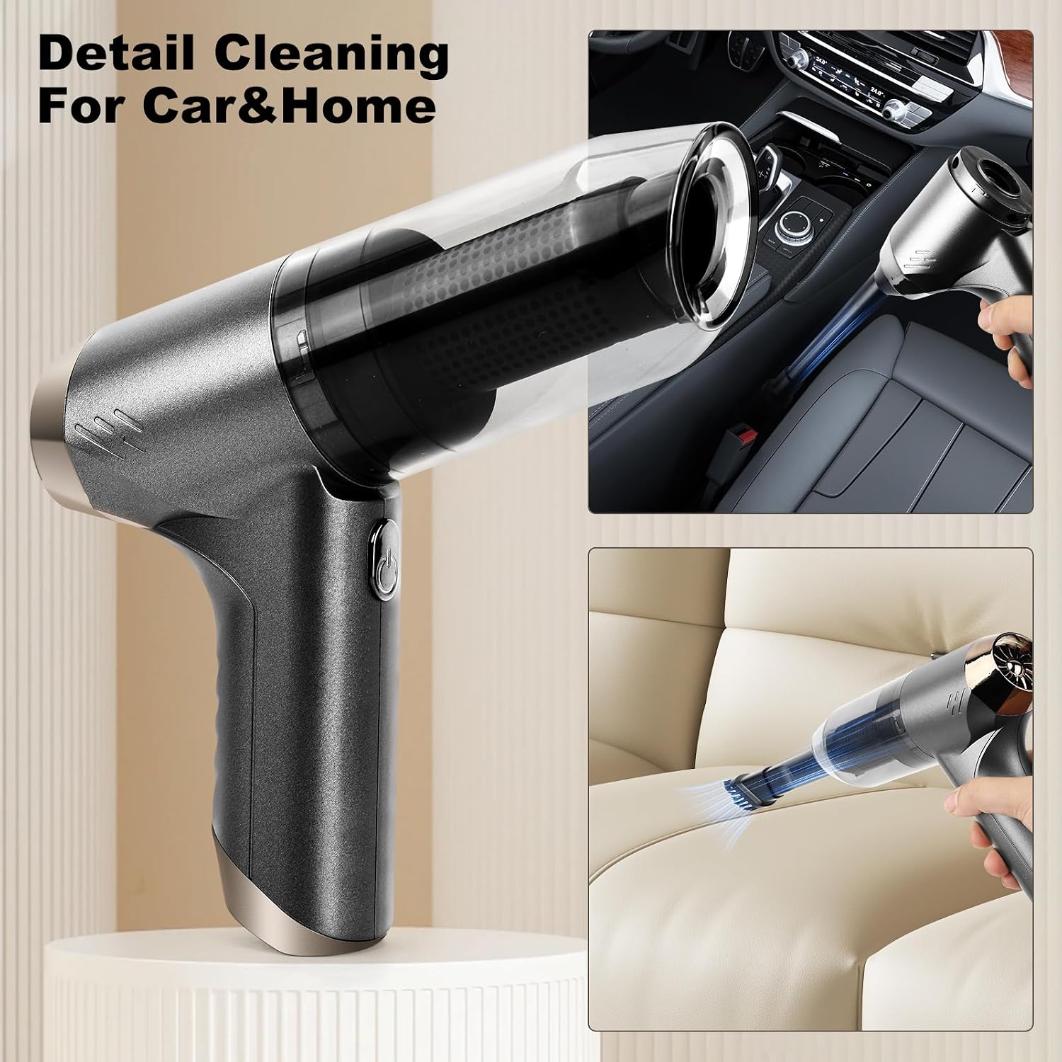 Cordless Mini Portable Car Vacuum Cleaner, 3-in-1 Handheld Vacuum with Brushless Motor,15000PA High-Power and C-Type, Strong Suction for Car, Pet Hair, Office and Home Cleaning (Grey)