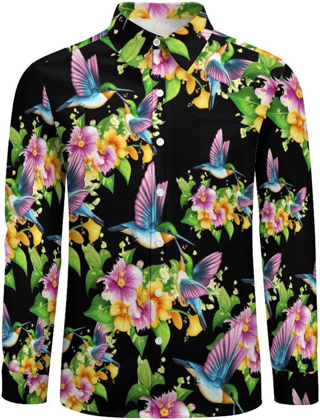Hummingbirds Flowers Print Long Sleeve Shirts Casual Dress Shirt Button-down T-shirts for Men
