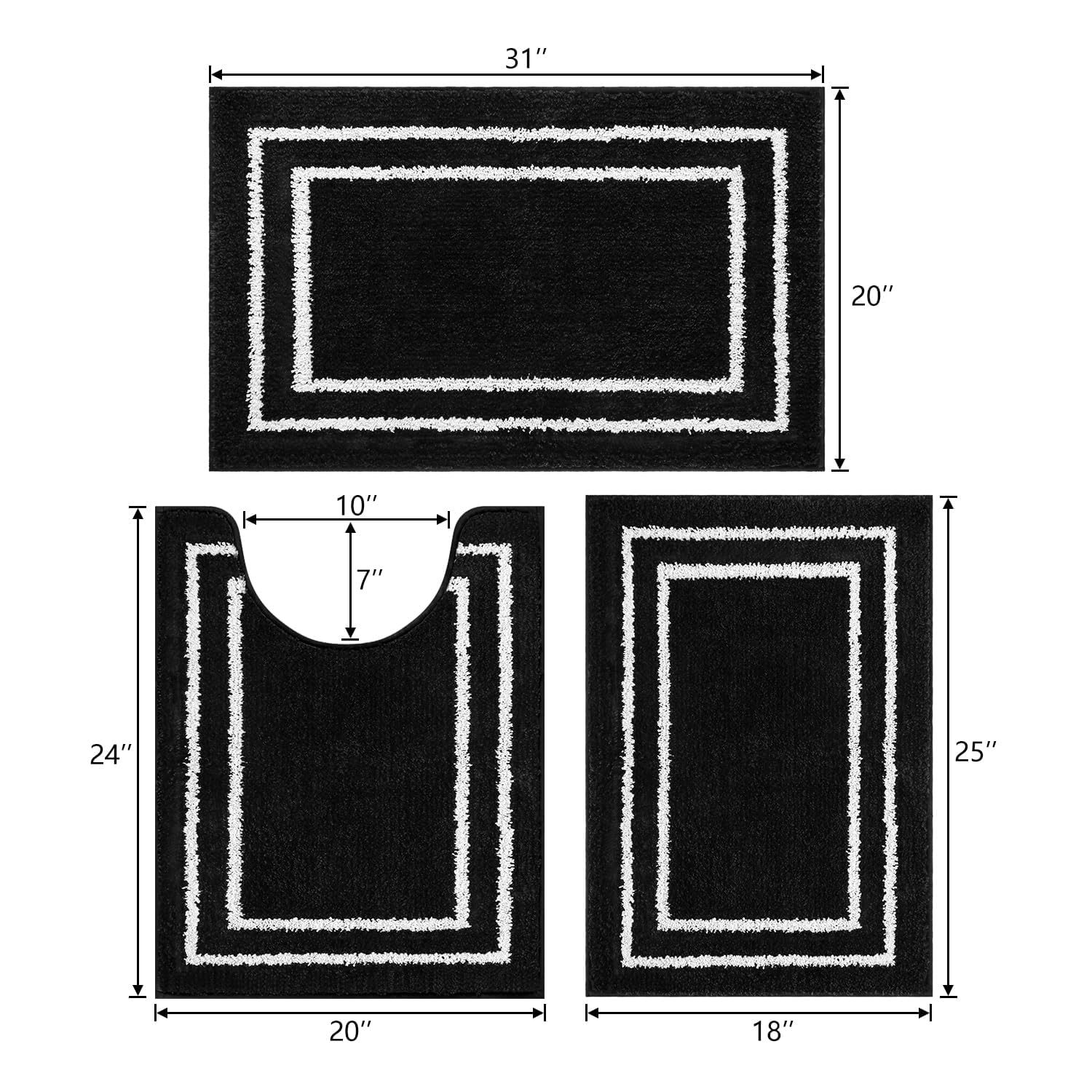 Uphome Juego de 3 tapetes de baño de microfibra suave lanuda con tapete de inodoro en forma de U, absorbentes, antideslizantes, lavables, tapetes de baño modernos geométricos negros para fregadero,