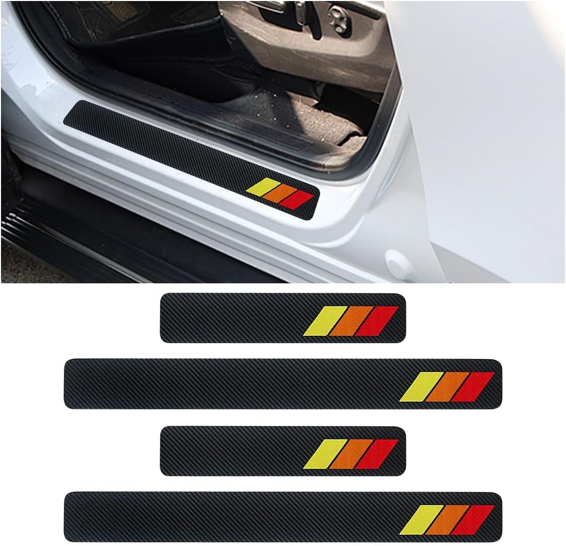 4PCS Tri-Color Door Sill Protectors, Carbon Fiber Door Threshold Protection, Front/Rear Door Sill Plate Step Guard, Anti-Scratch Entry Guard Sticker for Highlander Tacoma TRD 4Runner Rav4 (Red)