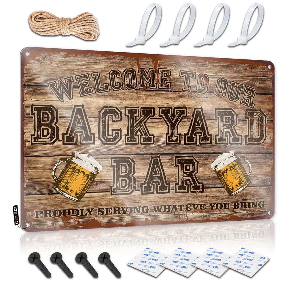 HELIOFORGE Garage Accessories For Man Cave Welcome To Our Backyard Bar Proudly Serving Whateve You Bring Sign Funny Signs Metal Funny Bar Signs For Home Bar(30X40CM)