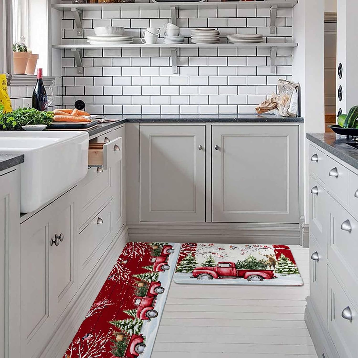 Red Christmas Kitchen Rugs and Mats Set of 2, Non-Slip Kitchen Sink Mat, Truck Birds Xmas Tree Snowflake Wooden Washable Doormat Bathroom Rugs Runner for Bedroom/Living Room 17.7"x30"+17.7"x59"
