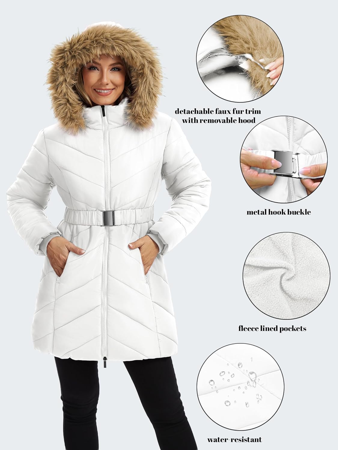 Funlingo Women's Winter Puffer Coat with Removable Hood Double Zipper Thickened Long Parka Jacket with Elastic Waistband - Image 6