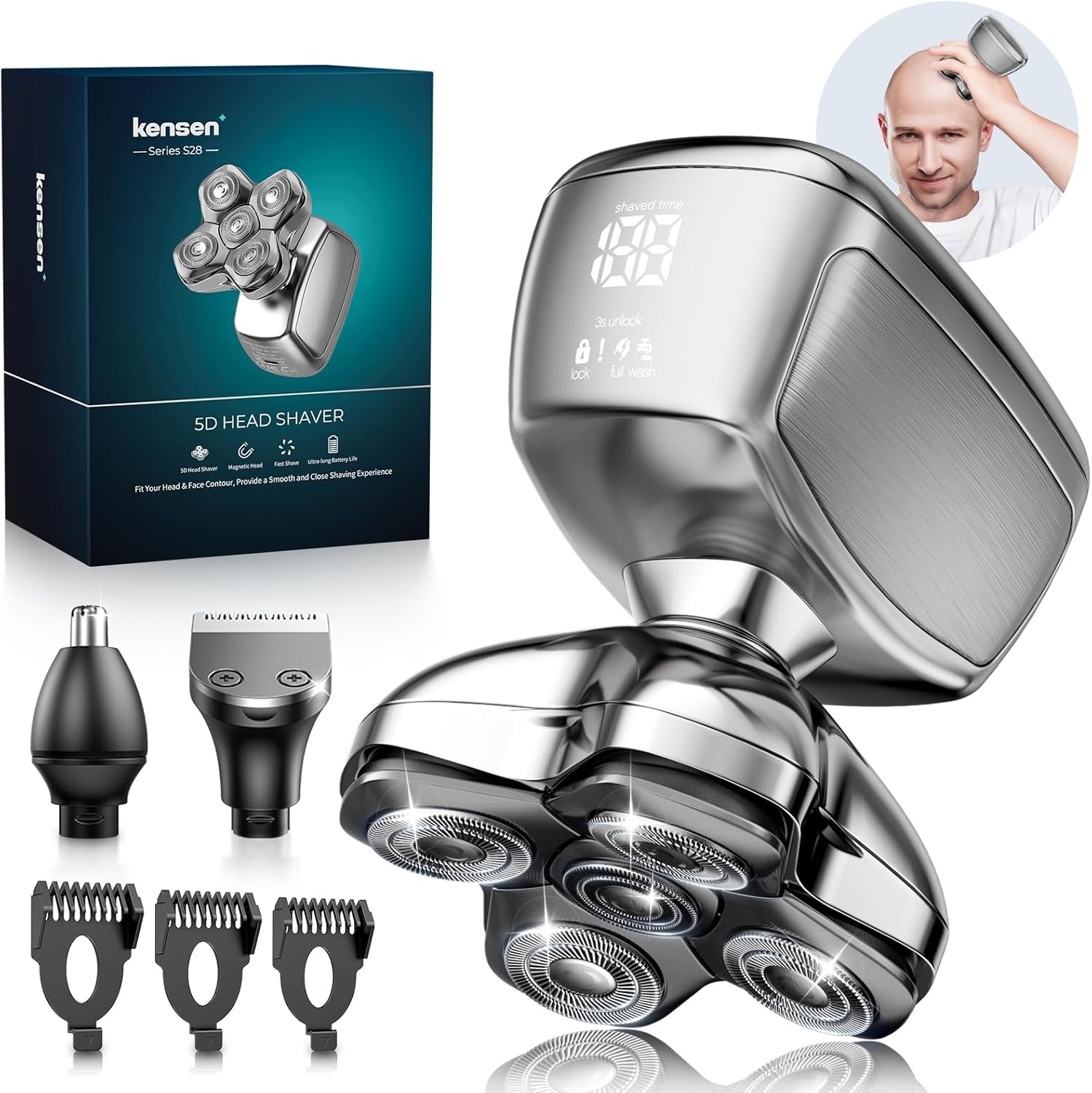 kensen Rasoio Testa Calva Impermeabile 5D Rasoio Elettrico Capelli 0 mm Wet & Dry Rasoio Elettrico Barba 120 Min con con Testina per Naso + Orecchie & Pettine Limitatore(3/5/7mm)