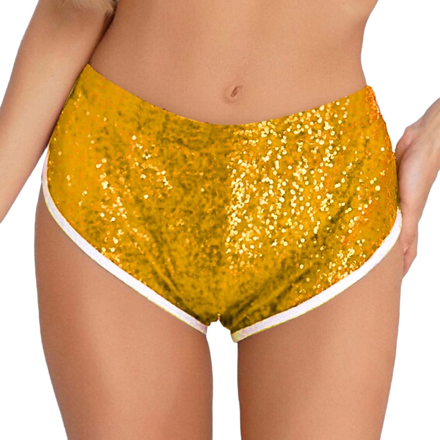 Freebily Women's Shiny Sequin Dance Shorts Contrast Trim Elastic Waist Jazz Disco Performance Hot Gold Small