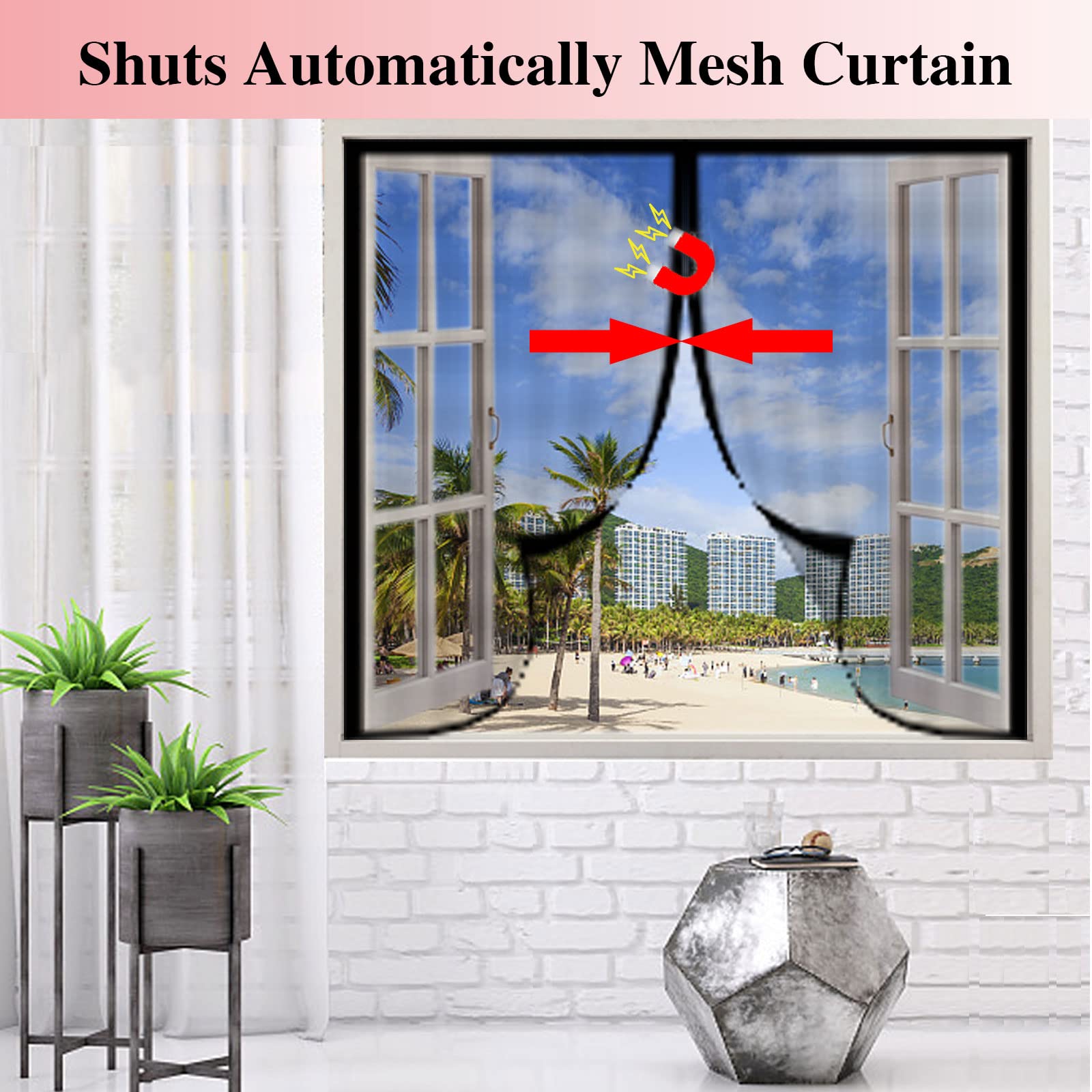 Magnet Fliegengitter Für Fenster/Tür – 95x110 Cm, Schwarz, Automatisches Schließen, Ohne Bohren