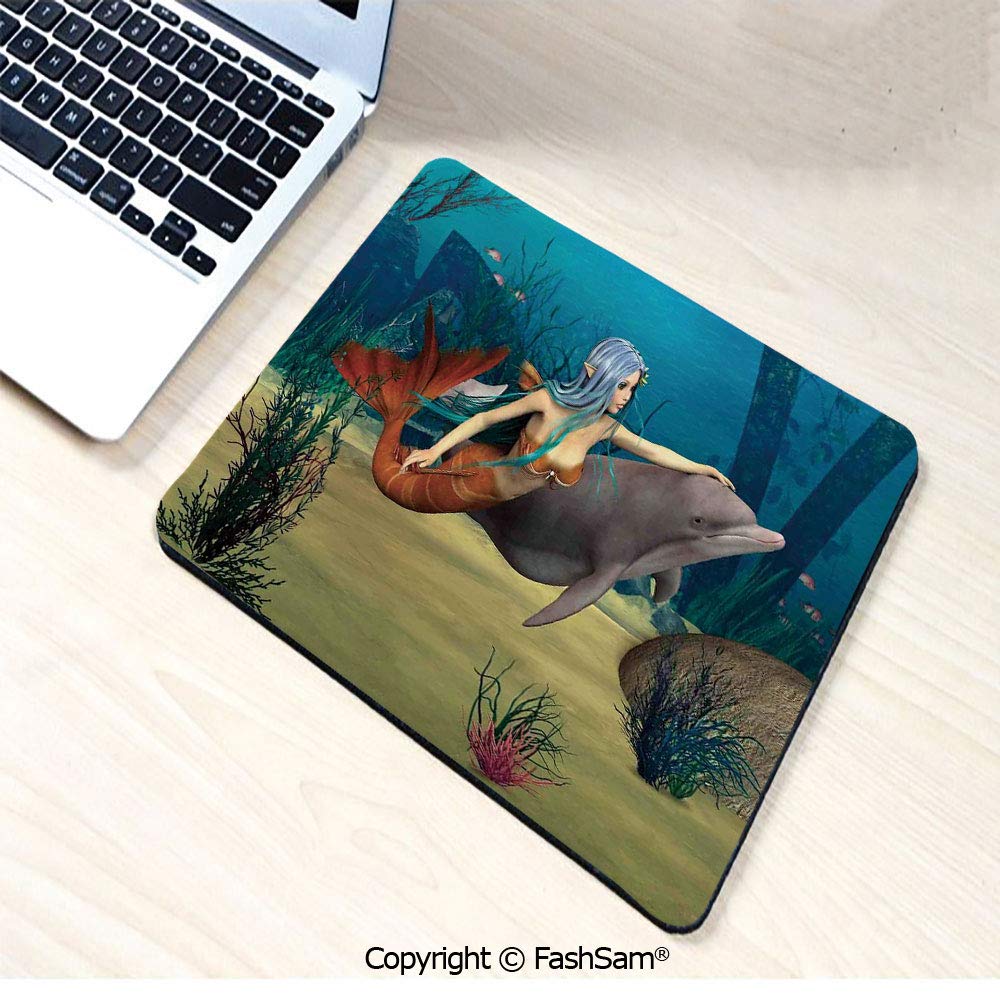 Personalized 3D Mouse Pad Fairy Marine Cute Mermaid Girl and Dolphin Fish Swimming Underwater in Blue Ocean Image for Laptop Desktop(W9.85xL11.8)