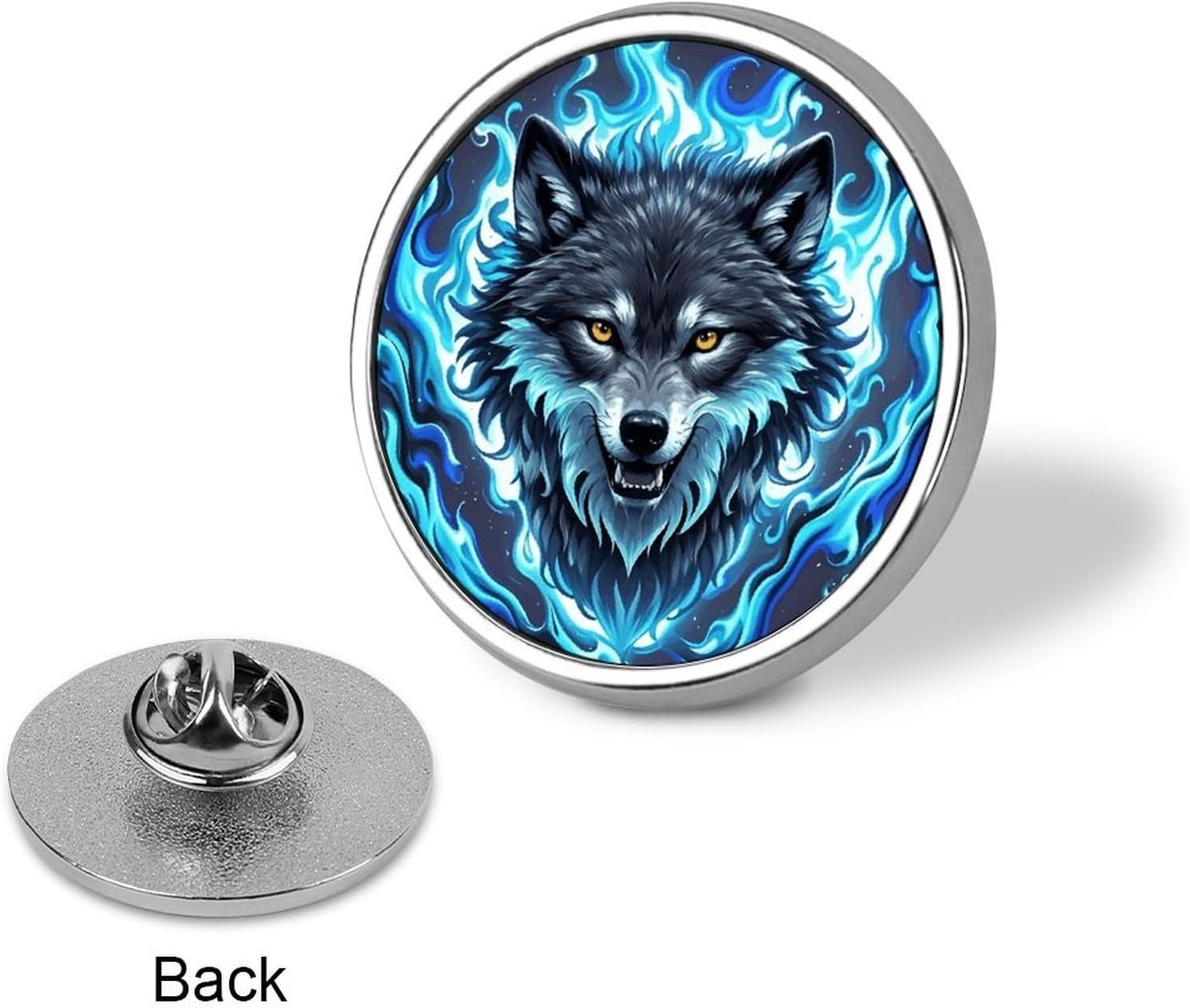 Round Metal Lapel Pin, Aluminum Alloy, Wolf Head in Blue Flames image 3