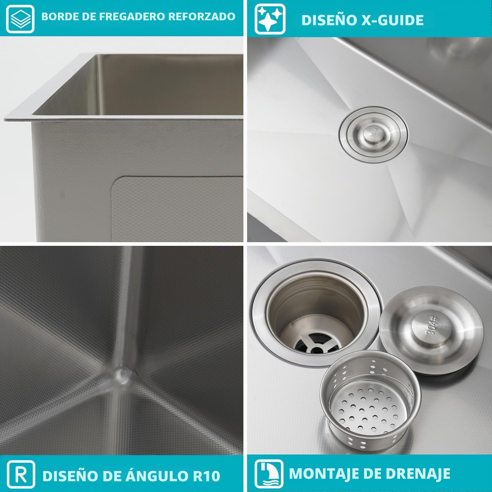 Fregadero de Cocina Profesional 80x50 de Acero Inoxidable Cepillado, Seno Único para Encimera o Empotrable, con Grifo, Escurridor, Estante, Dispensador de Jabón y Sifón - Moderno y Grande