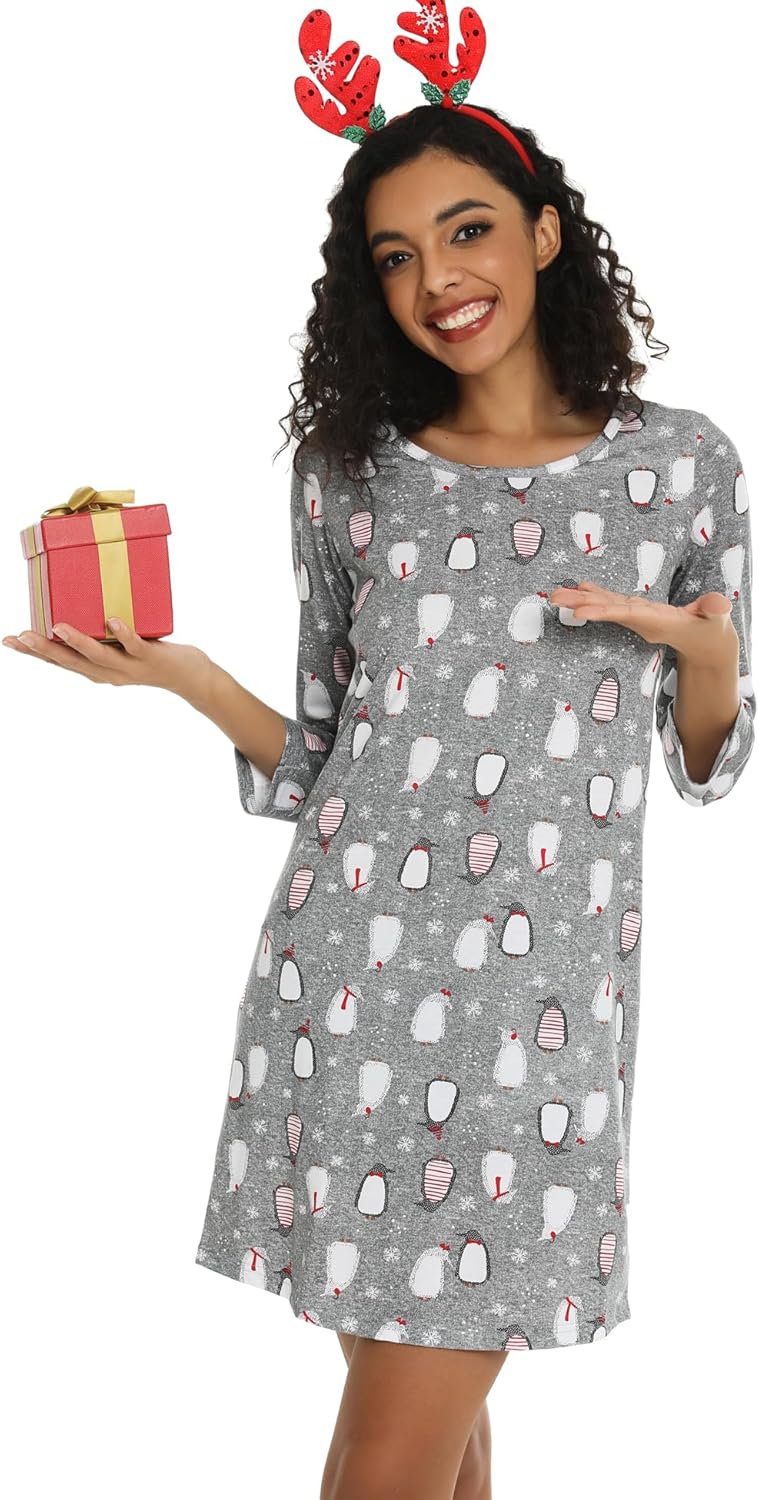 ENJOYNIGHT Women's Cotton Sleepwear Long Sleeves Nightgown Print Tee Sleep Dress - Image 3