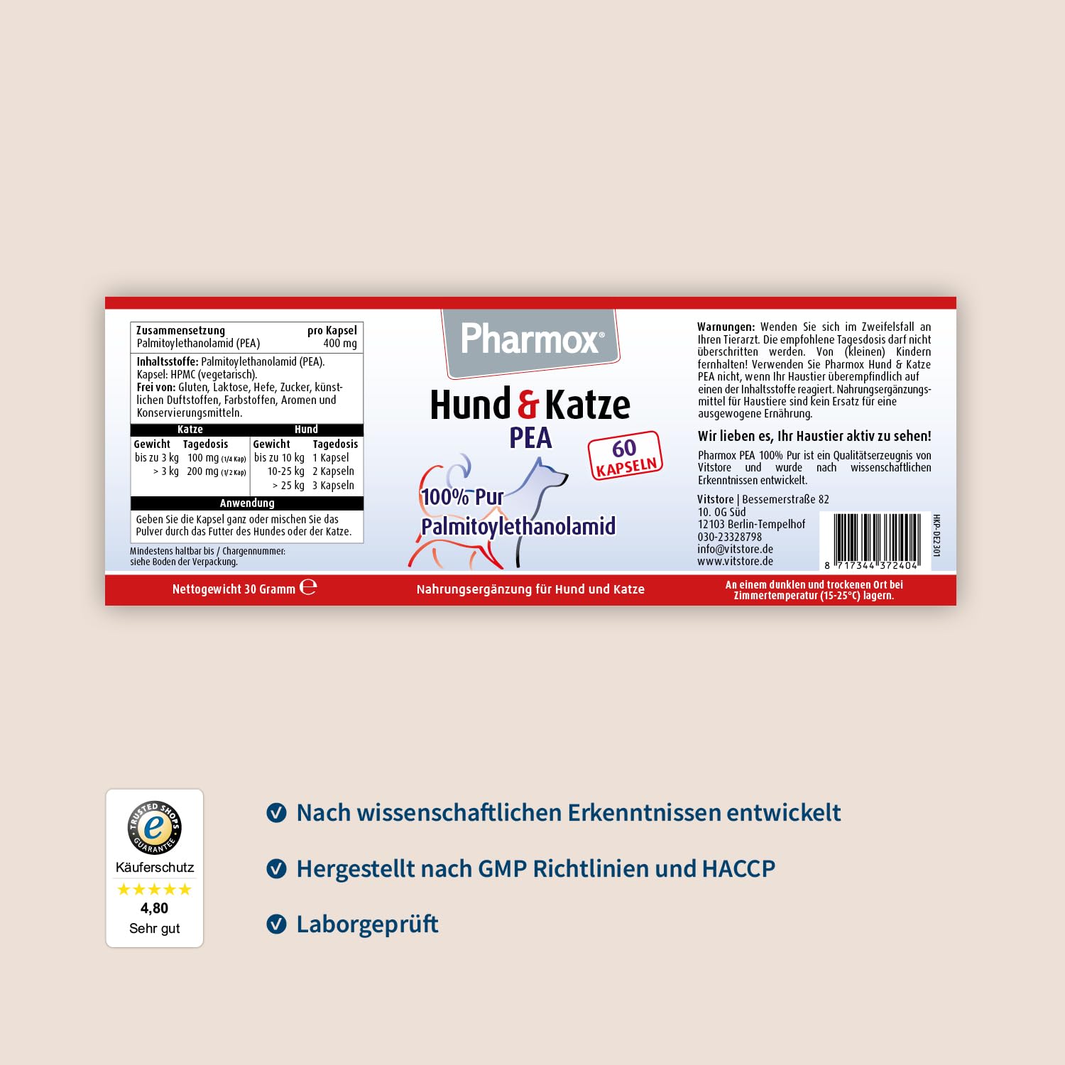 Hund & Katze PEA (Palmitoylethanolamid) - 100% Rein - 60 Kapseln - Hochdosiert