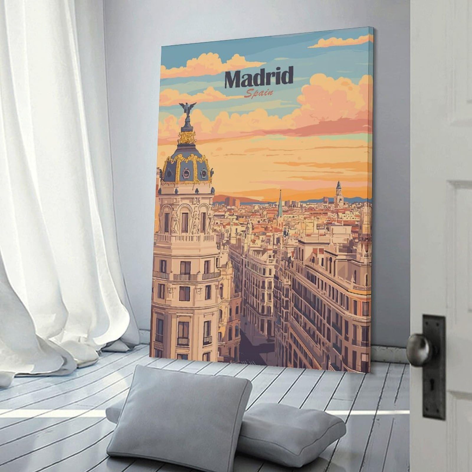 Junmoney Madrid, Spain Cityscape Illustration Home Decor Wall Art, 24x36inch(60x90cm), for Lounge, Bedroom Or Personal Spaces, Thoughtful Wall Decor for Art Lovers