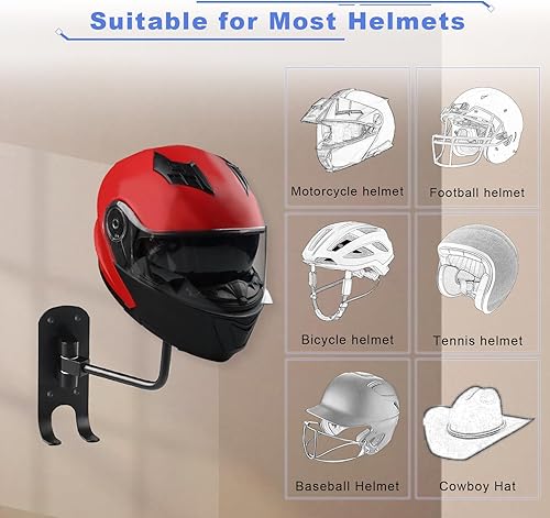 Miniatura 4 de SKYJDM Soporte de pared para casco de motocicleta con 4 agujeros de montaje, soporta rotación de 180, soporte para casco de 2 ganchos equipado con
